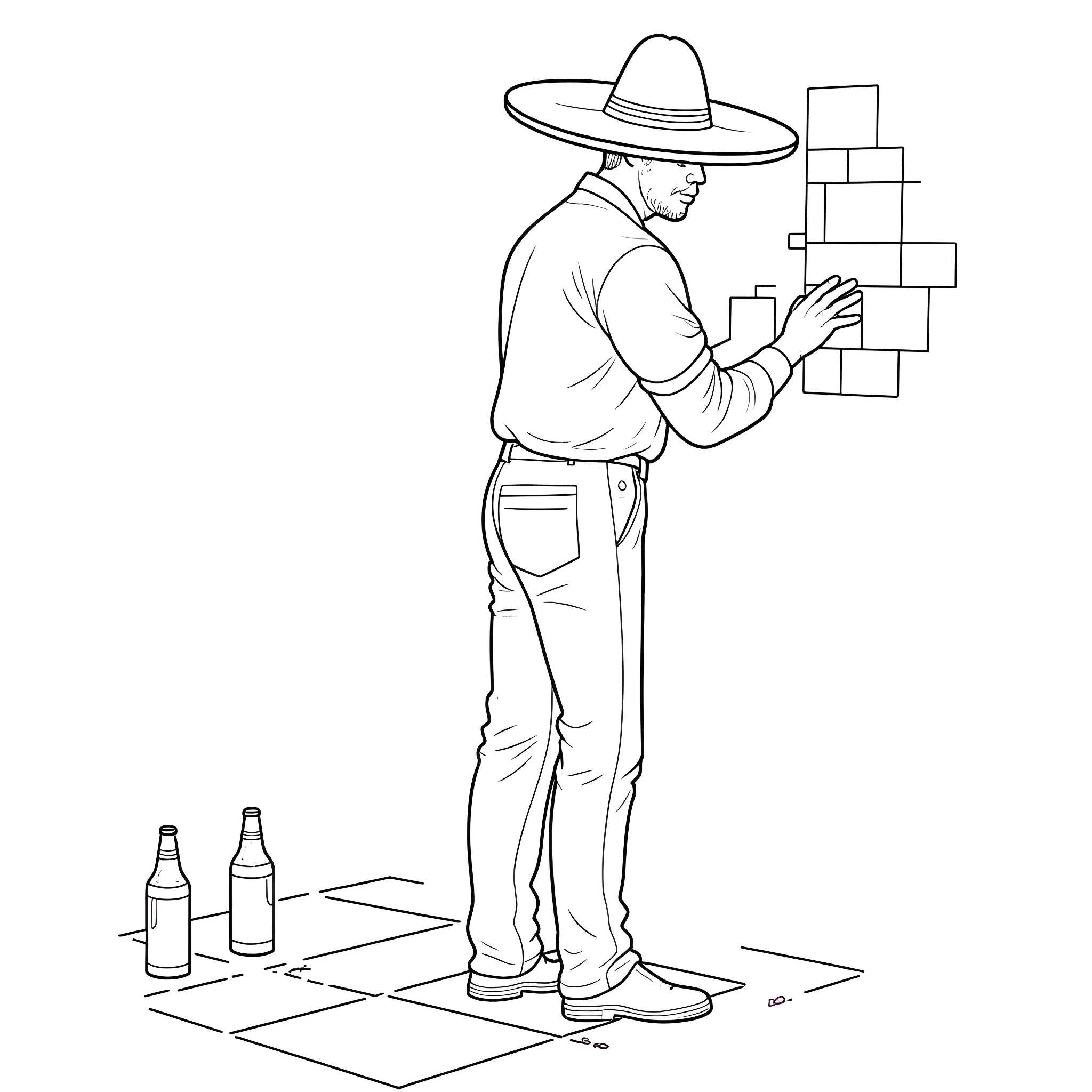 Man building a structure with geometric shapes Coloring Page (free black-and-white line drawing printable PDF for all, from beginners to advanced learners, including children, teens, adults, and seniors)