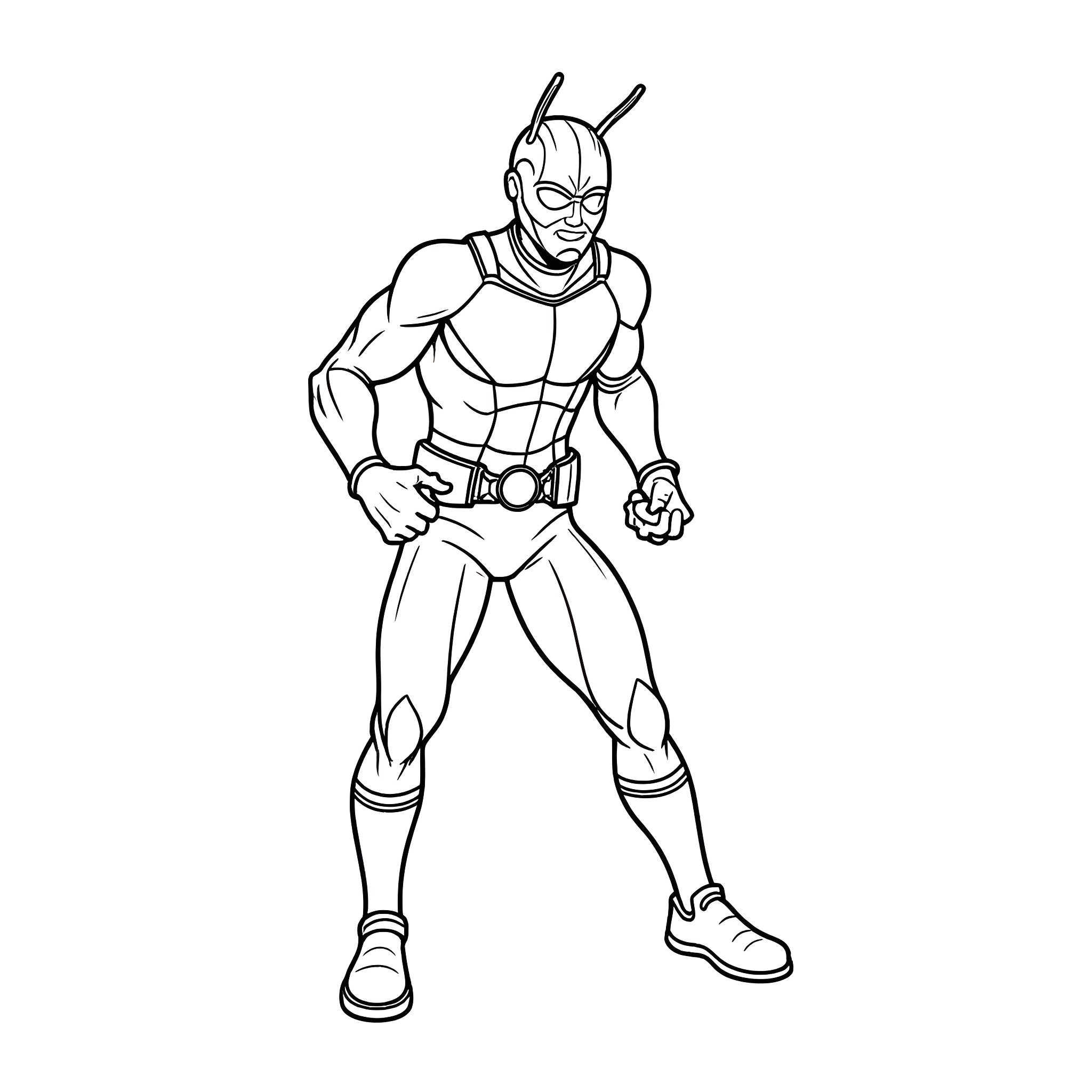 Antman in action-packed pose Coloring Page (free black-and-white line drawing printable PDF for all, from beginners to advanced learners, including children, teens, adults, and seniors)