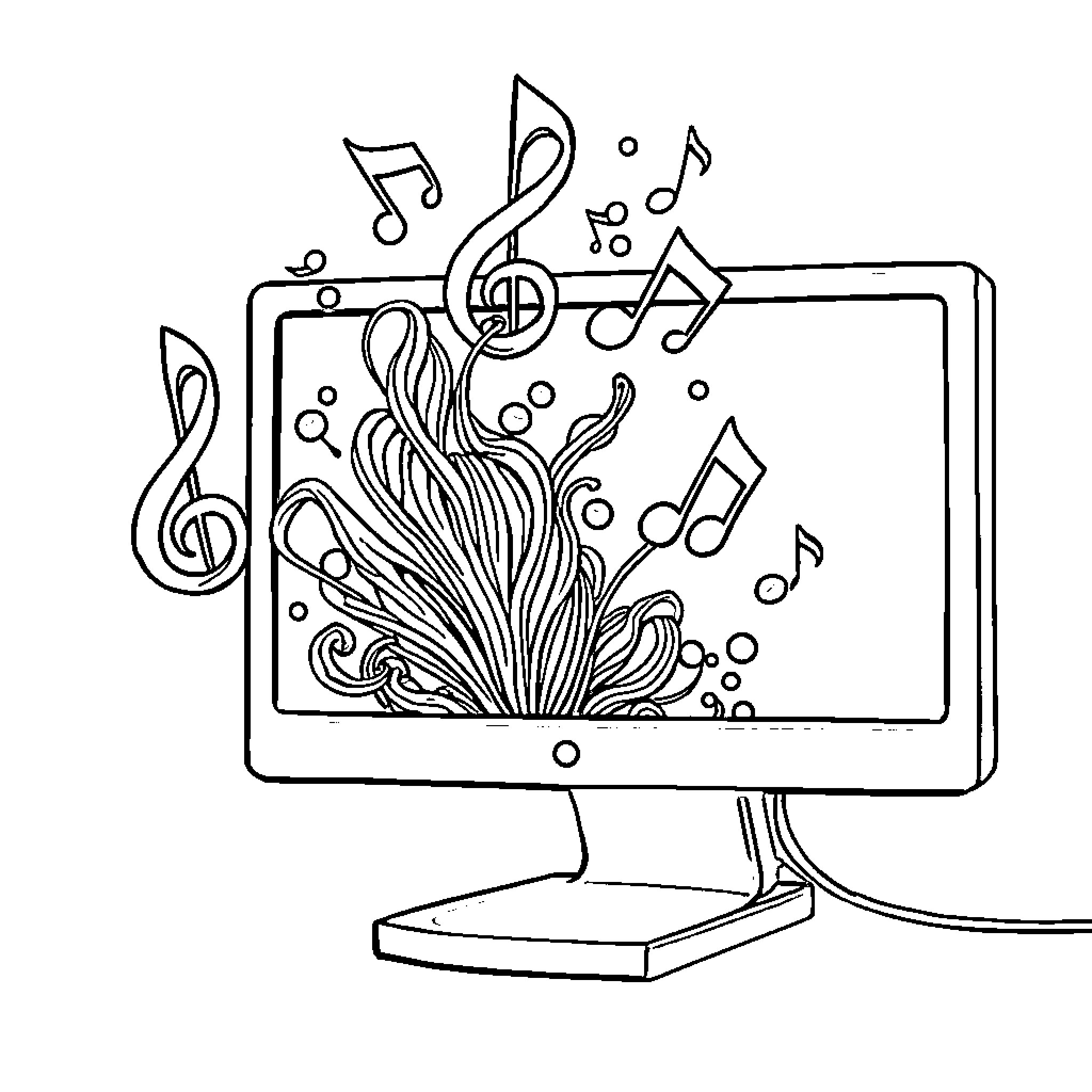 Musical Note Explosion on Computer Screen Coloring Page (free black-and-white line drawing printable PDF for all, from beginners to advanced learners, including children, teens, adults, and seniors)