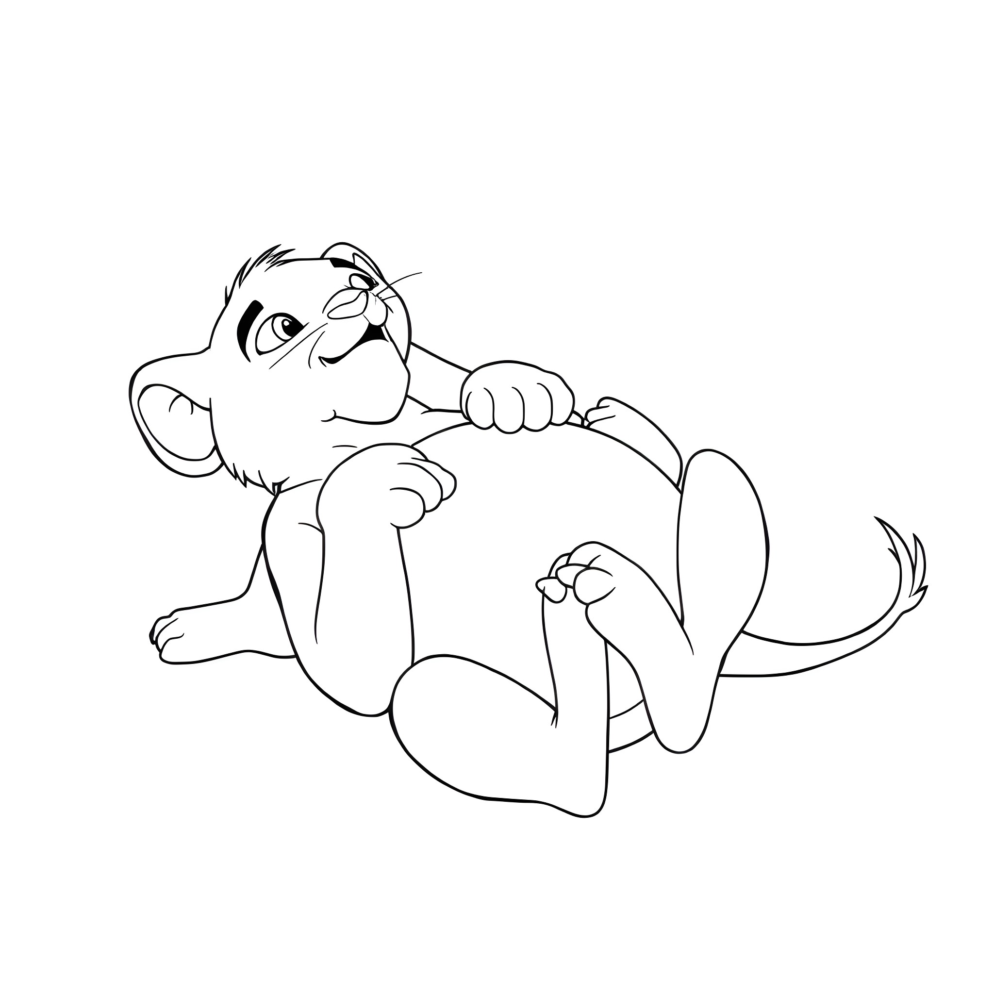 Simba resting and relaxing on the ground Coloring Page (free black-and-white line drawing printable PDF for all, from beginners to advanced learners, including children, teens, adults, and seniors)