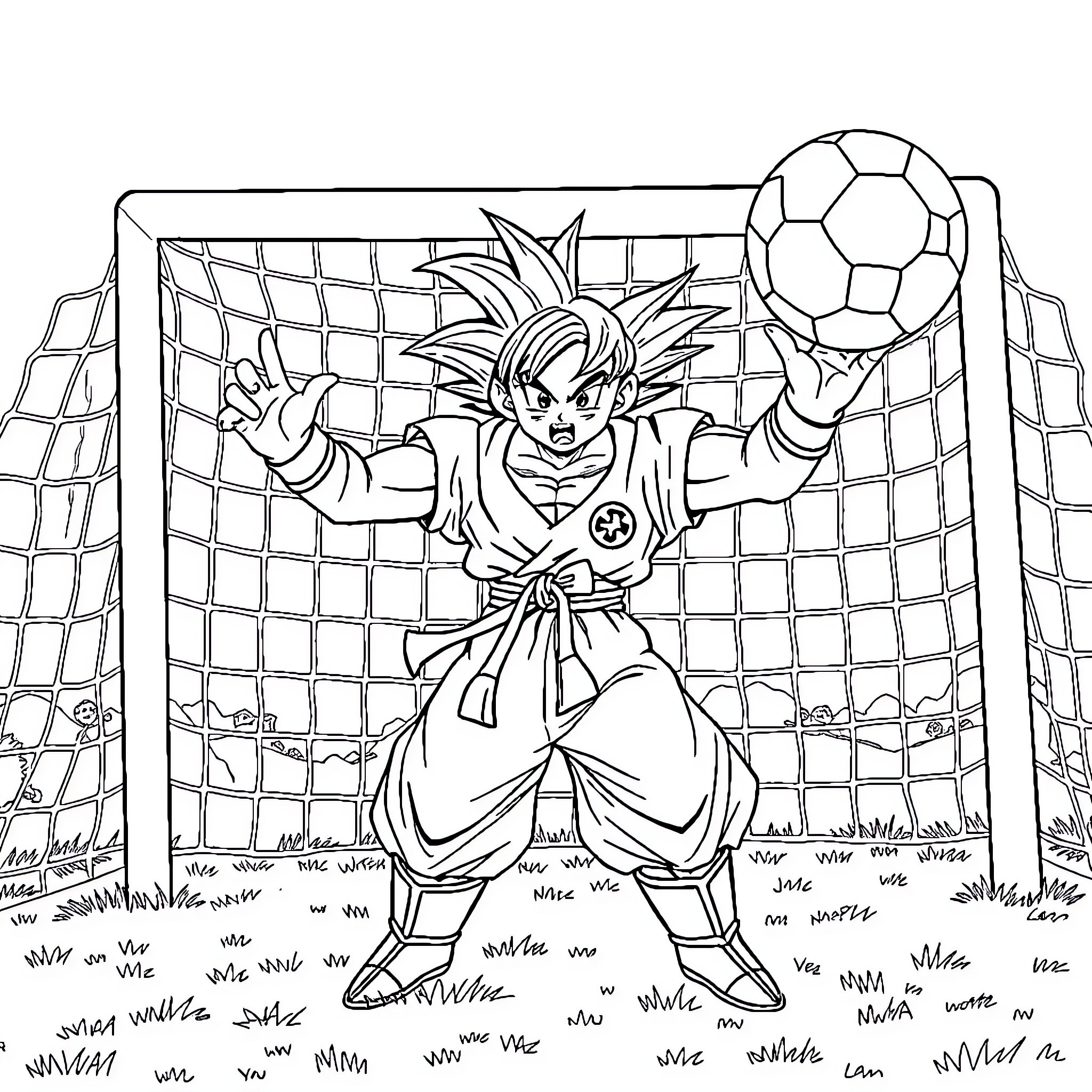 Son Goku Playing Soccer with Excitement Coloring Page (free black-and-white line drawing printable PDF for all, from beginners to advanced learners, including children, teens, adults, and seniors)