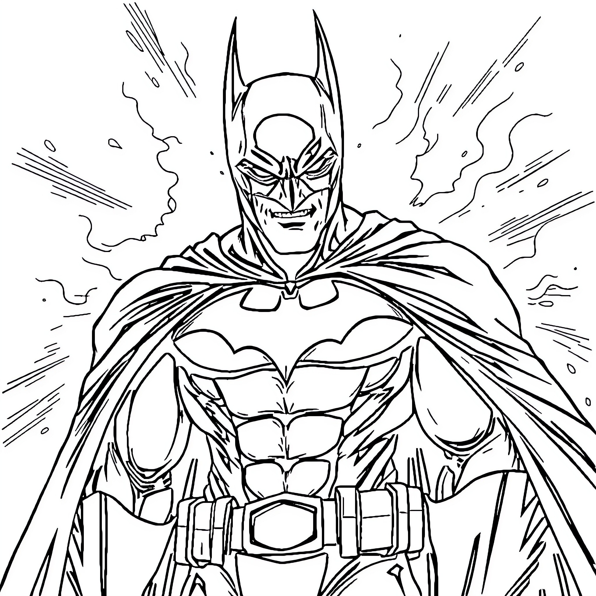 Batman in an intense battle stance Coloring Page (free black-and-white line drawing printable PDF for all, from beginners to advanced learners, including children, teens, adults, and seniors)