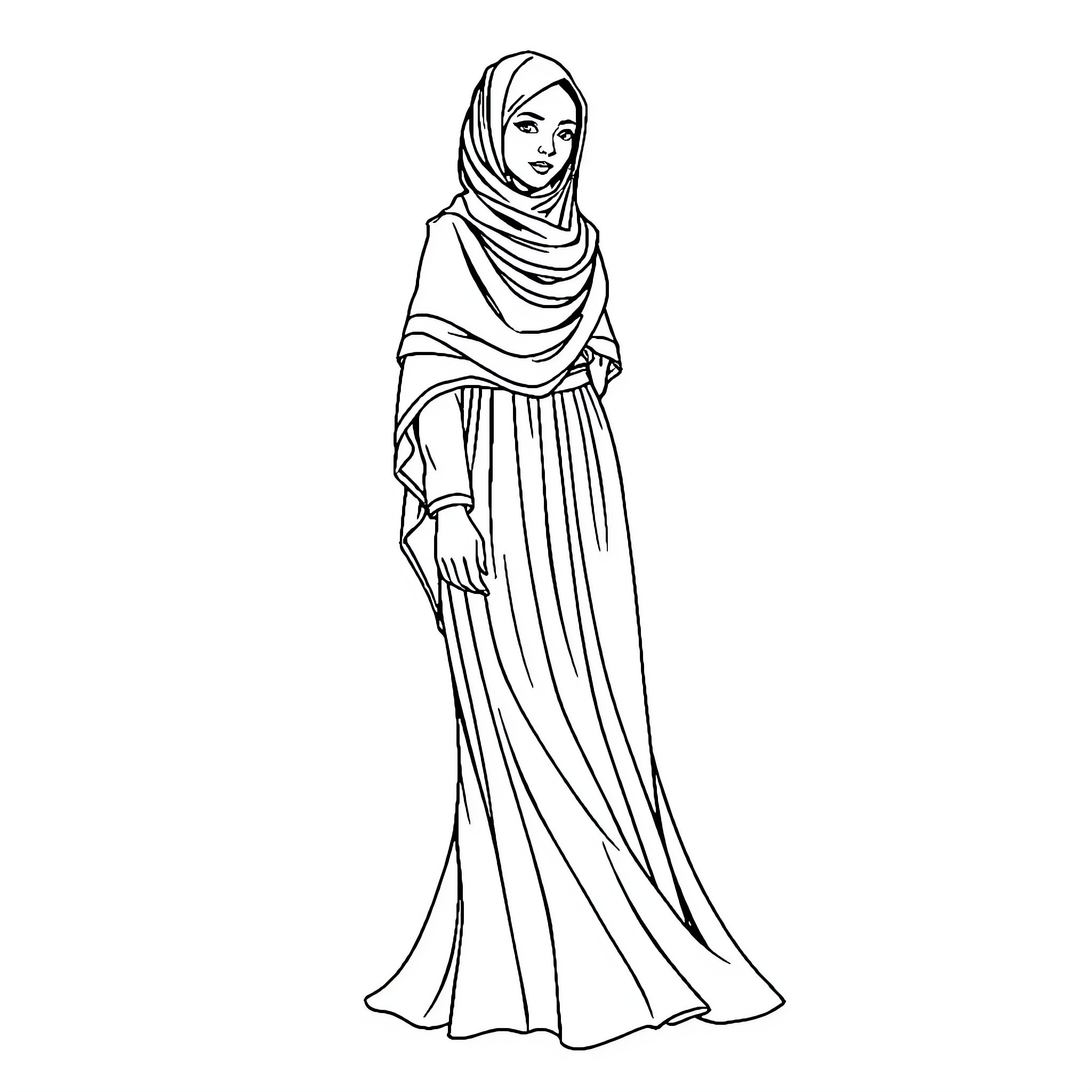 Woman wearing a hijab in a modest, flowing dress Coloring Page (free black-and-white line drawing printable PDF for all, from beginners to advanced learners, including children, teens, adults, and seniors)
