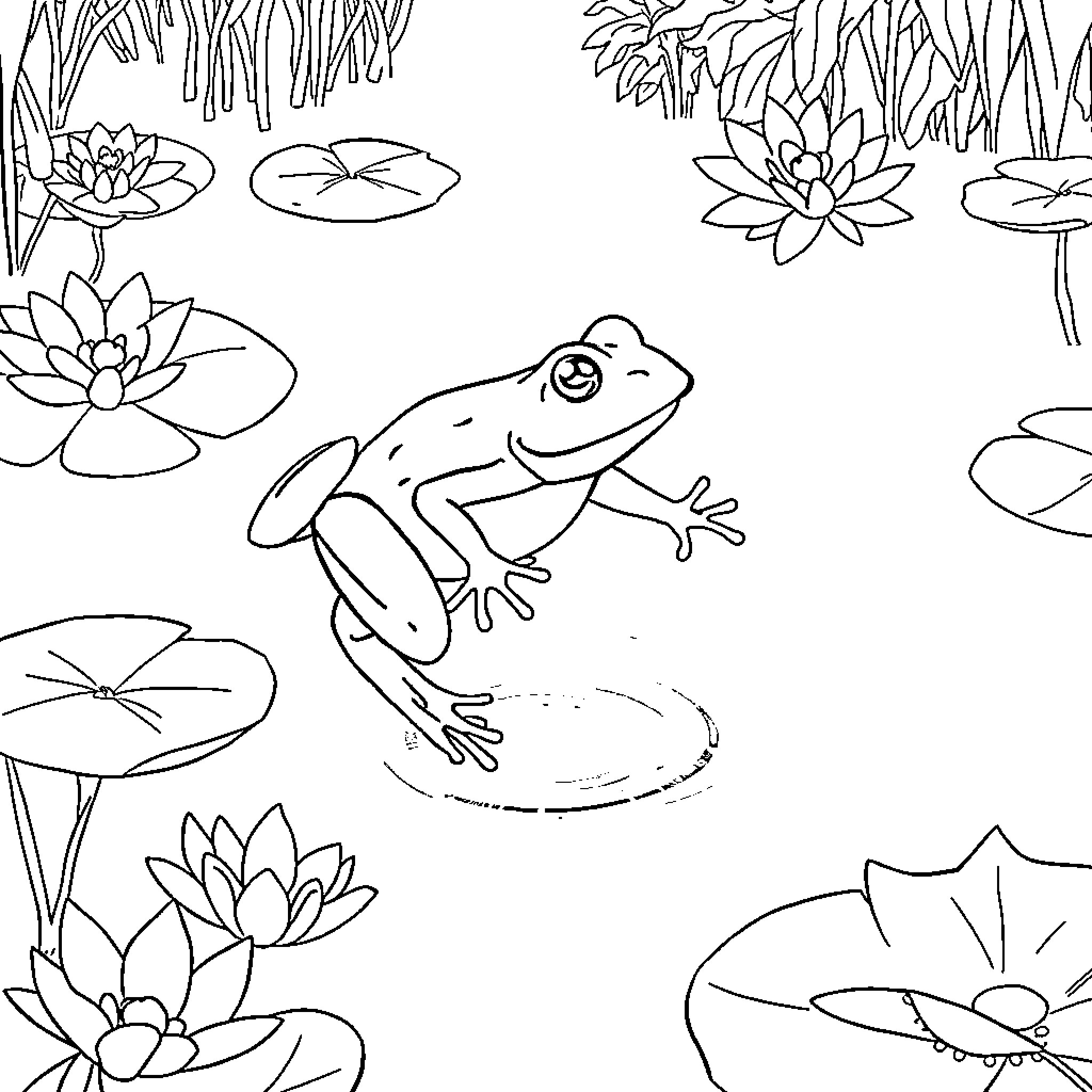 Frog sitting on lily pad among water lilies Coloring Page (free black-and-white line drawing printable PDF for all, from beginners to advanced learners, including children, teens, adults, and seniors)