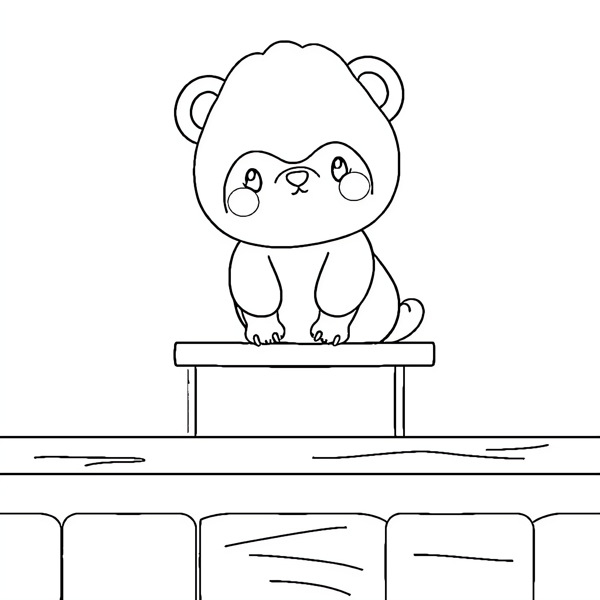 Doll panda perched on a platform Coloring Page (free black-and-white line drawing printable PDF for all, from beginners to advanced learners, including children, teens, adults, and seniors)