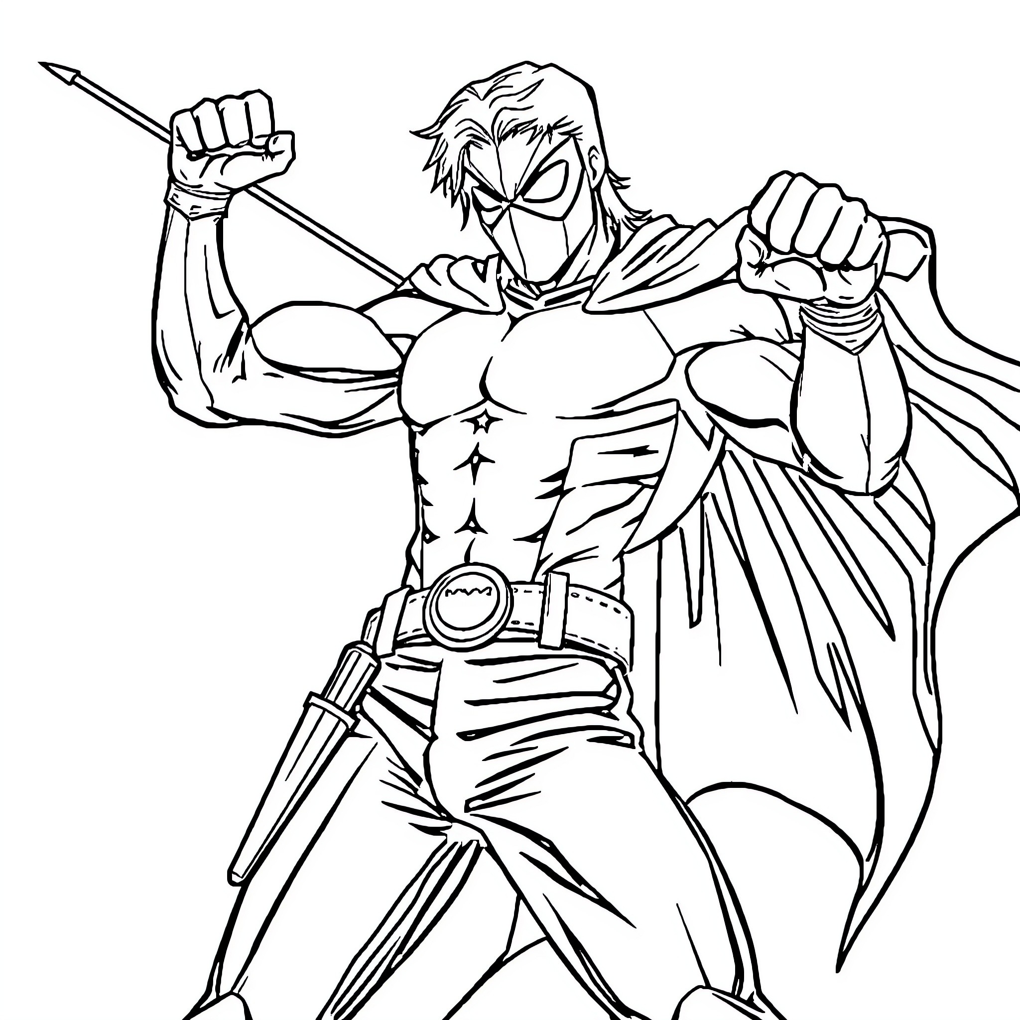 Spider-Man striking heroic pose with web-shooters Coloring Page (free black-and-white line drawing printable PDF for all, from beginners to advanced learners, including children, teens, adults, and seniors)