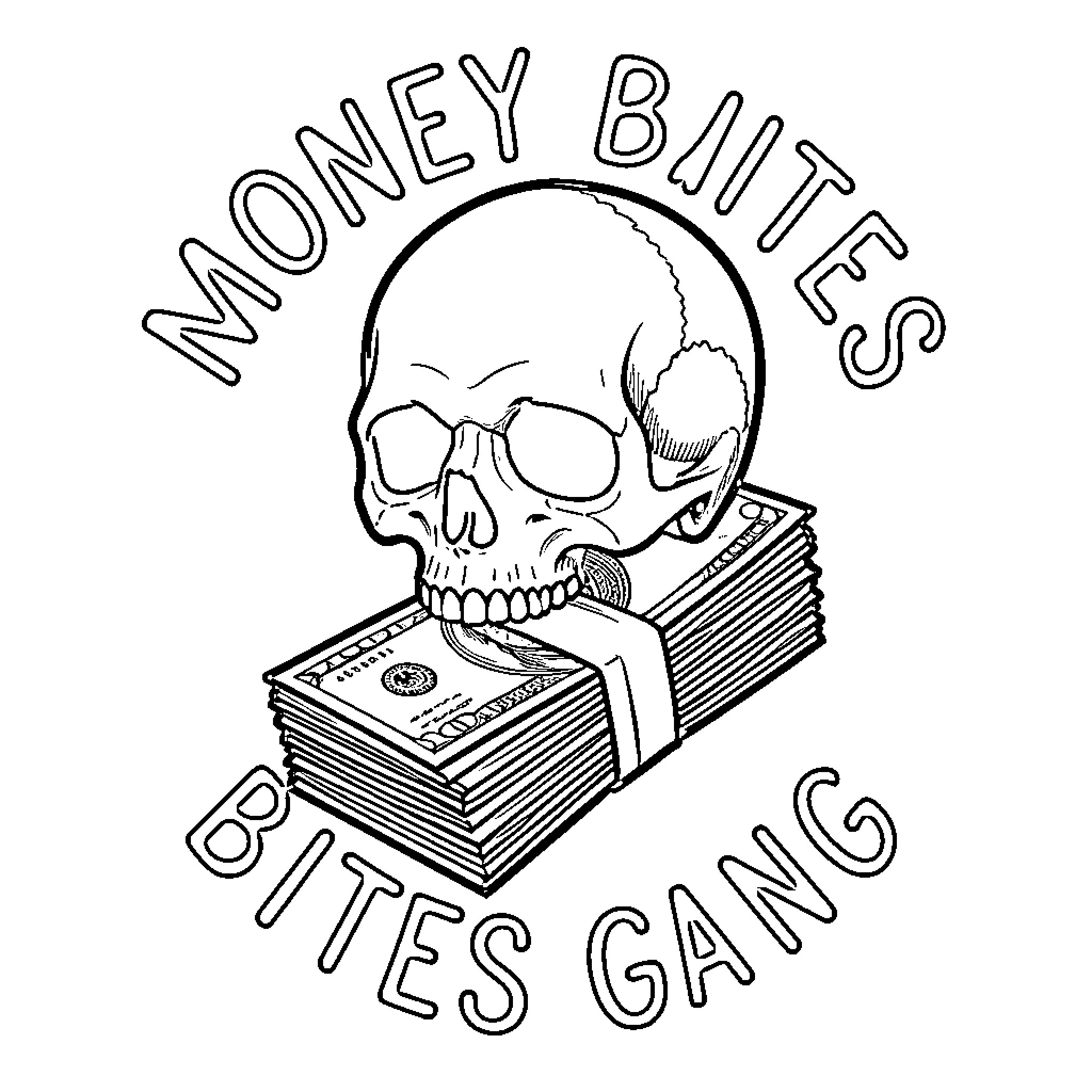 Skull Holding Stacks of Money Bites Gang Coloring Page (free black-and-white line drawing printable PDF for all, from beginners to advanced learners, including children, teens, adults, and seniors)