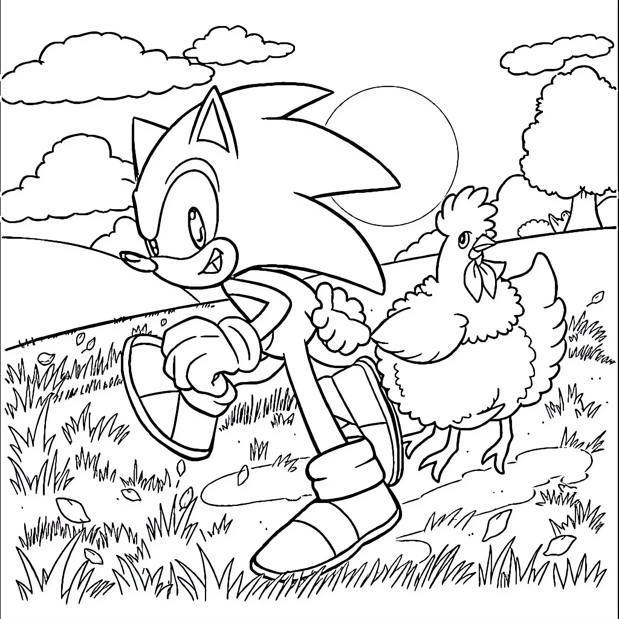 Sonic running through a grassy field with animals Coloring Page (free black-and-white line drawing printable PDF for all, from beginners to advanced learners, including children, teens, adults, and seniors)