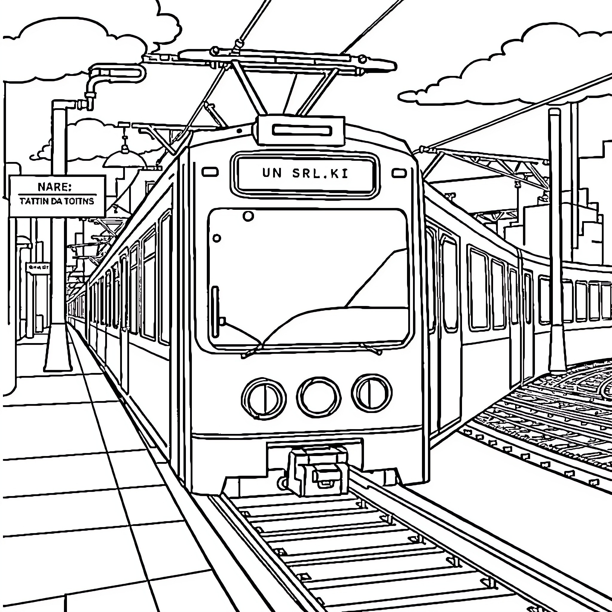 Train arriving at the station platform Coloring Page (free black-and-white line drawing printable PDF for all, from beginners to advanced learners, including children, teens, adults, and seniors)