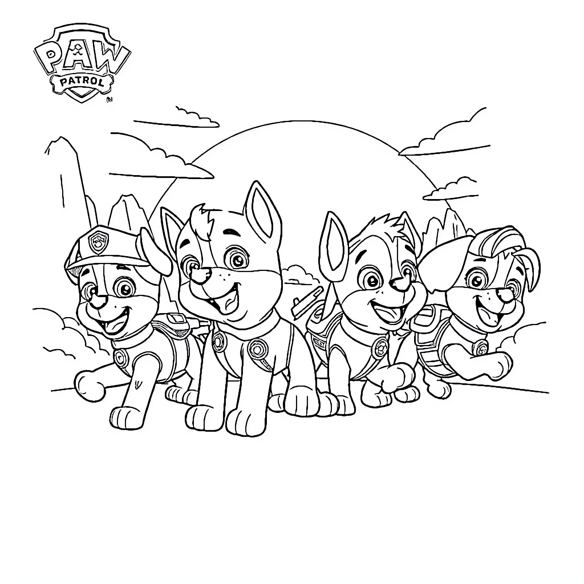 Paw Patrol pups on a heroic mission Coloring Page (free black-and-white line drawing printable PDF for all, from beginners to advanced learners, including children, teens, adults, and seniors)