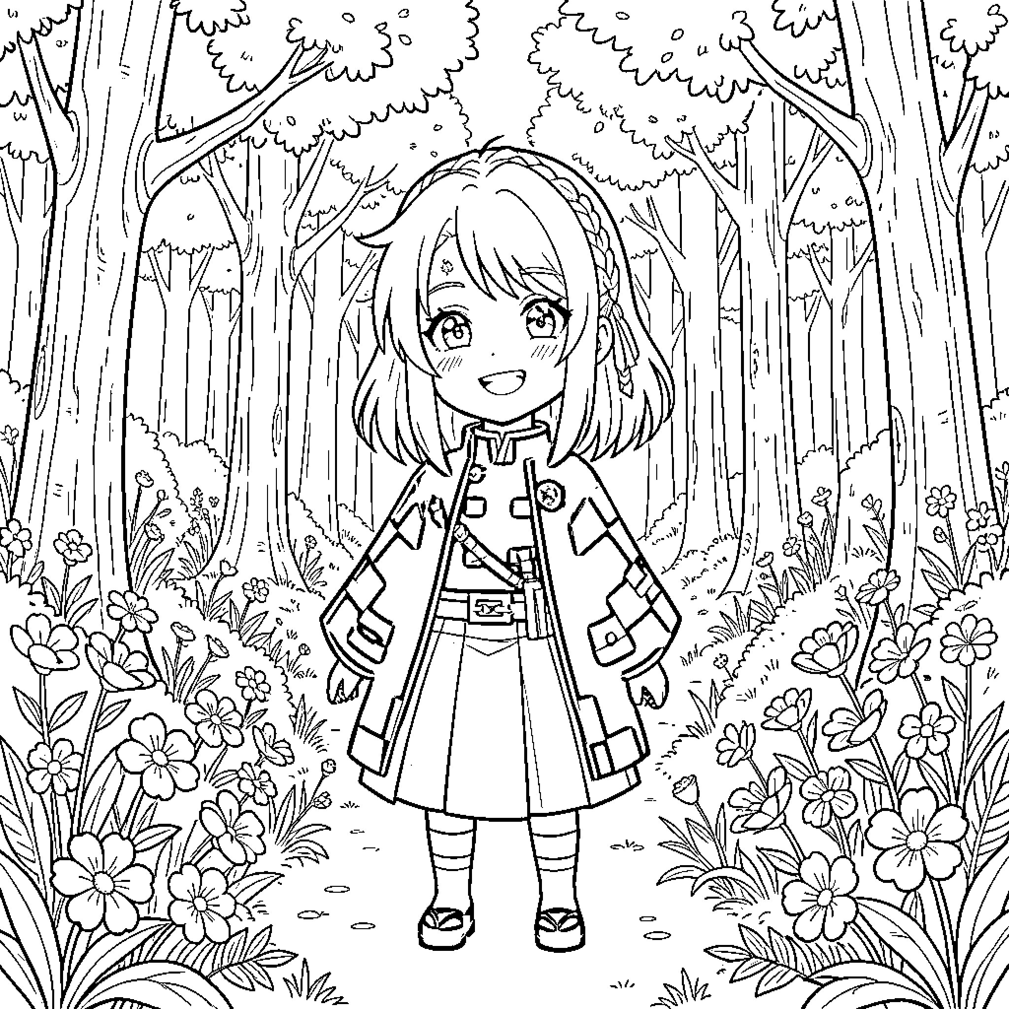 Nesuko's Enchanted Forest Adventure Coloring Page (free black-and-white line drawing printable PDF for all, from beginners to advanced learners, including children, teens, adults, and seniors)