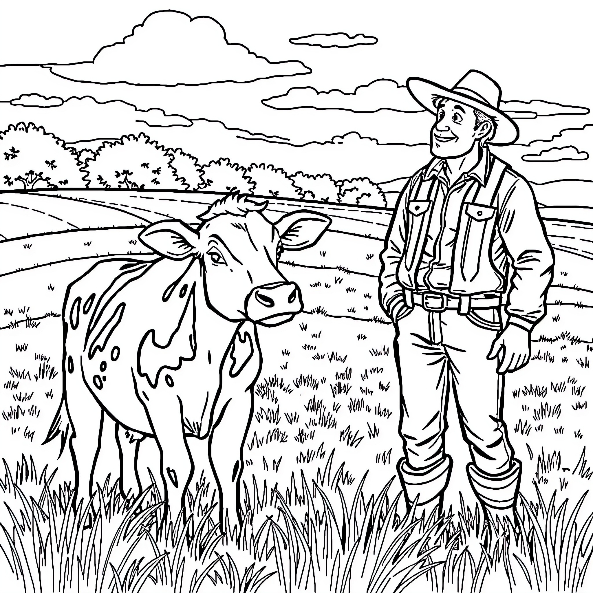 Cow and Cowboy in a Pastoral Landscape Coloring Page (free black-and-white line drawing printable PDF for all, from beginners to advanced learners, including children, teens, adults, and seniors)