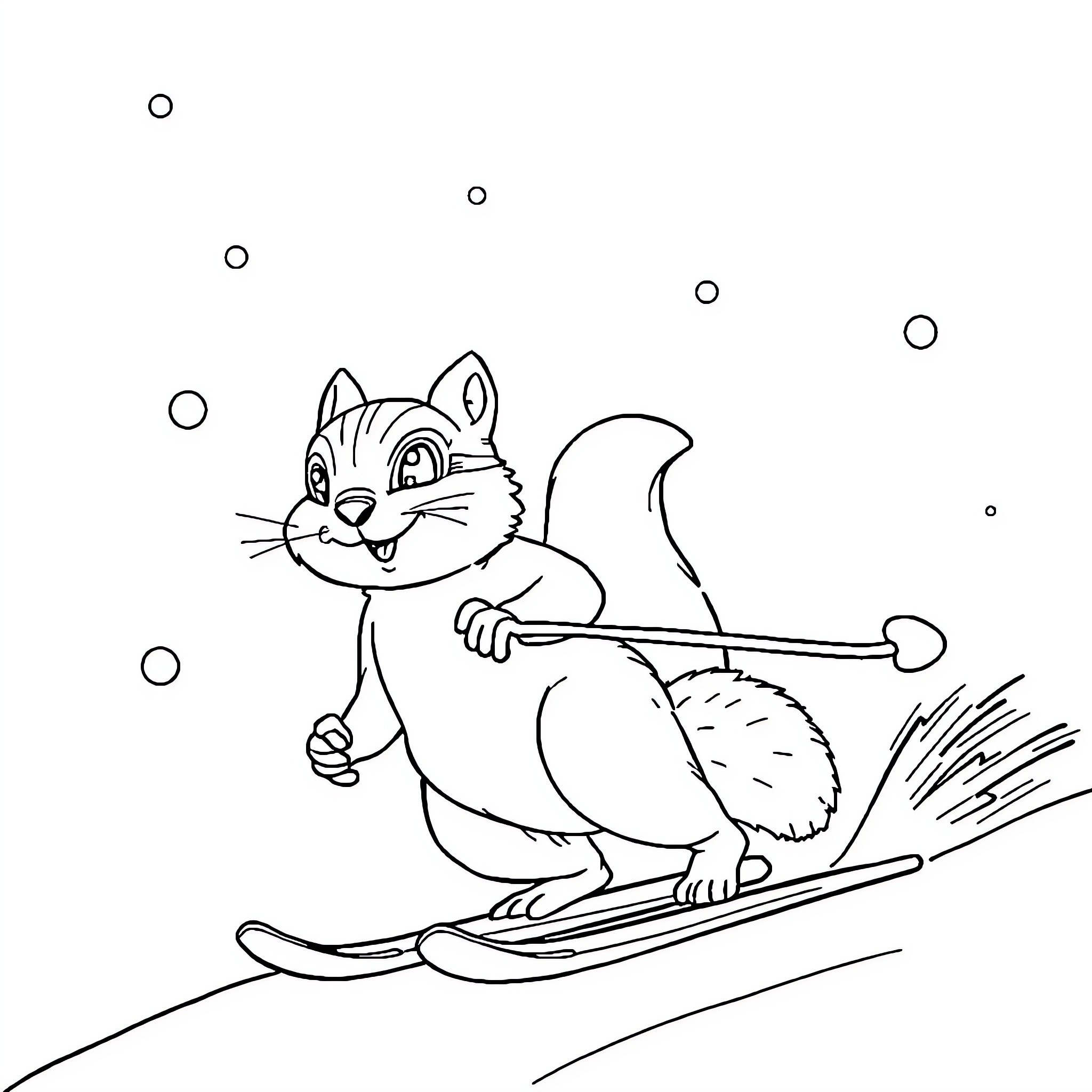 Ant Skiing on Snowy Slopes Coloring Page (free black-and-white line drawing printable PDF for all, from beginners to advanced learners, including children, teens, adults, and seniors)