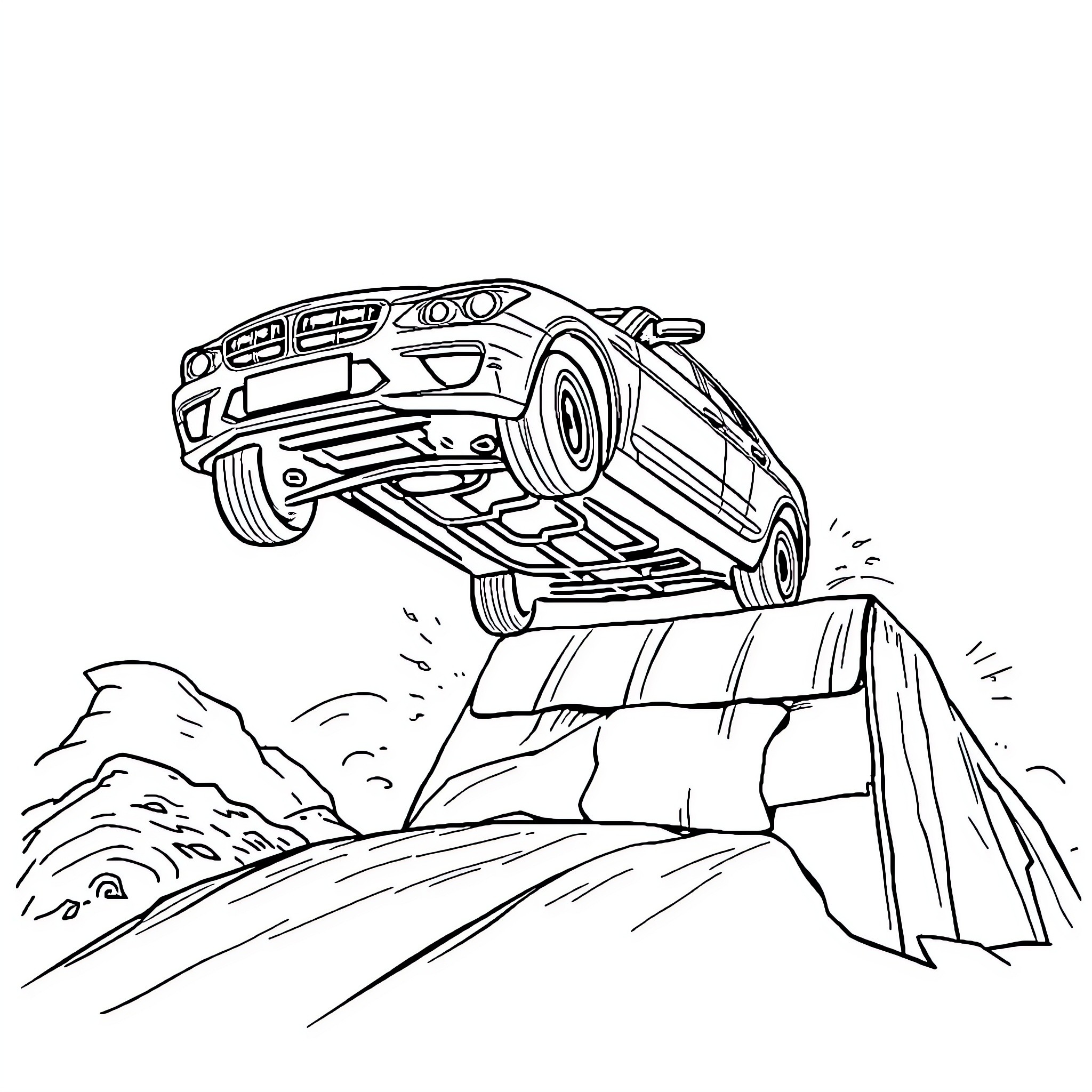 Car performing dangerous stunt on rocky terrain Coloring Page (free black-and-white line drawing printable PDF for all, from beginners to advanced learners, including children, teens, adults, and seniors)