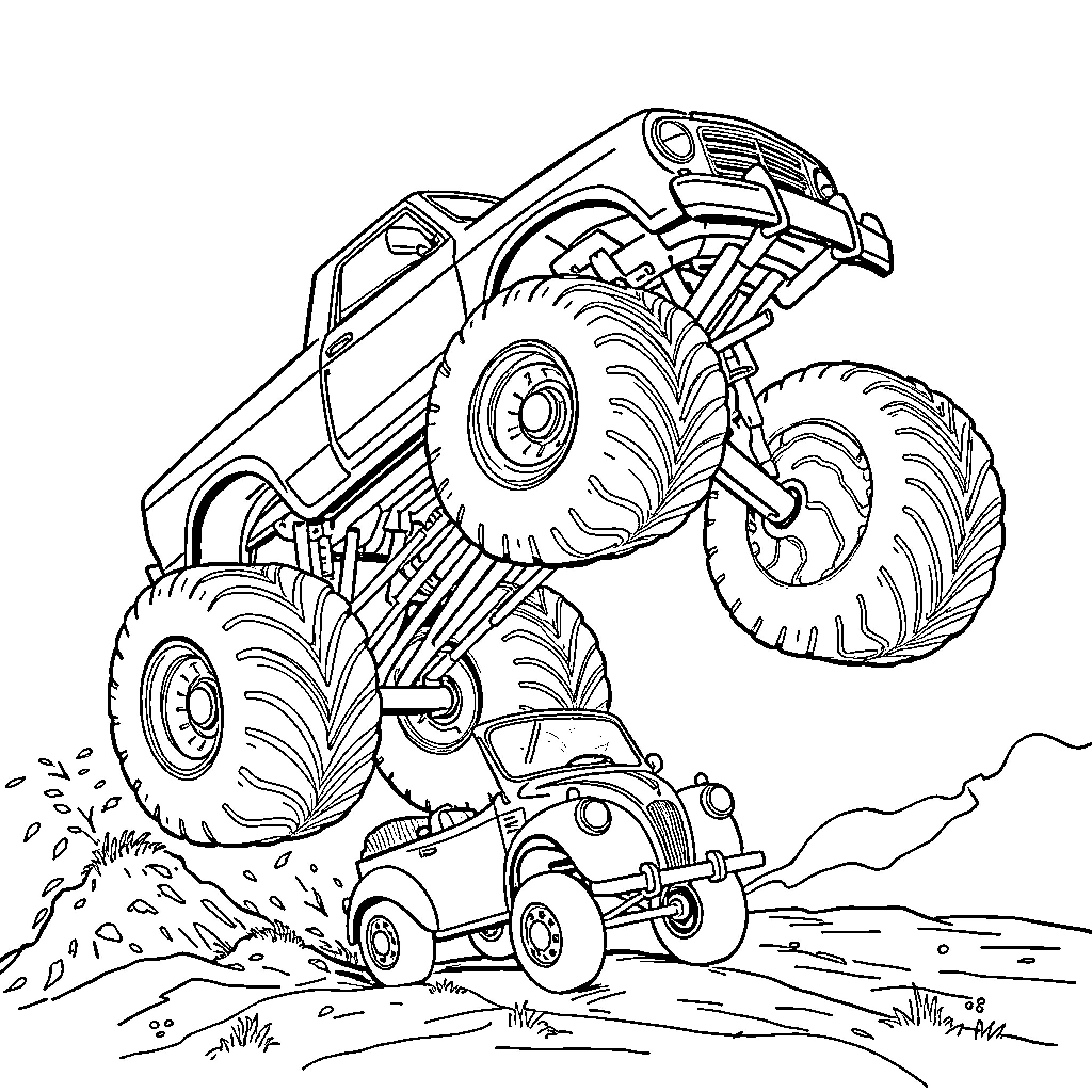 Monster Truck Crushing Obstacles on Rugged Terrain Coloring Page (free black-and-white line drawing printable PDF for all, from beginners to advanced learners, including children, teens, adults, and seniors)