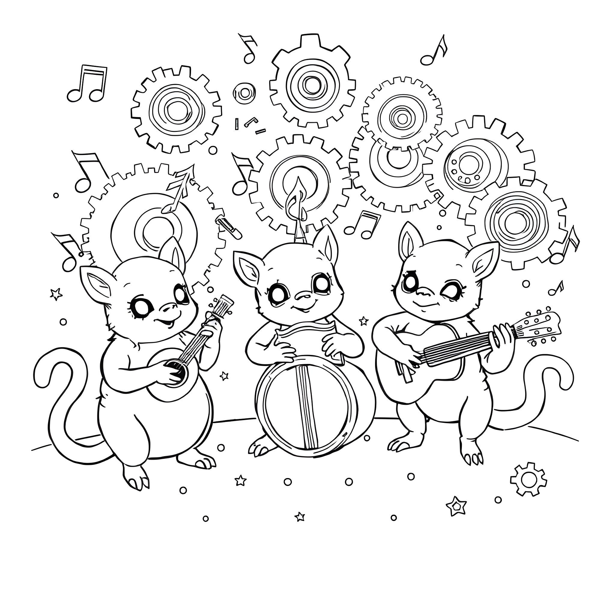 Baby Metal Cats Playing Musical Instruments Coloring Page (free black-and-white line drawing printable PDF for all, from beginners to advanced learners, including children, teens, adults, and seniors)