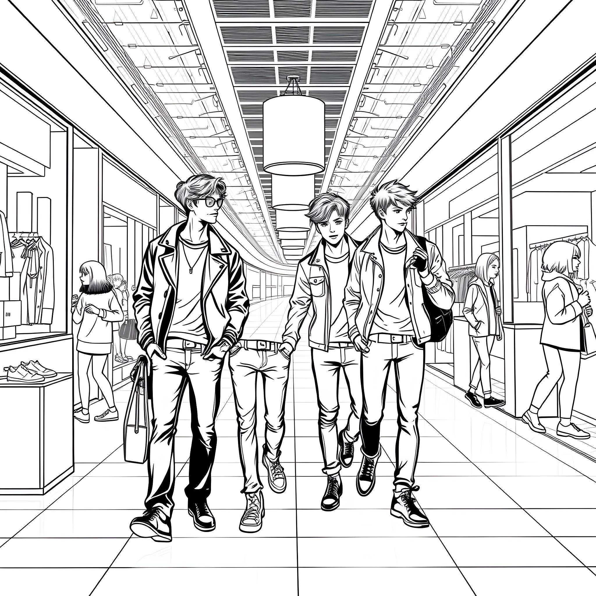 Teen Guys Strolling Through the Mall Coloring Page (free black-and-white line drawing printable PDF for all, from beginners to advanced learners, including children, teens, adults, and seniors)