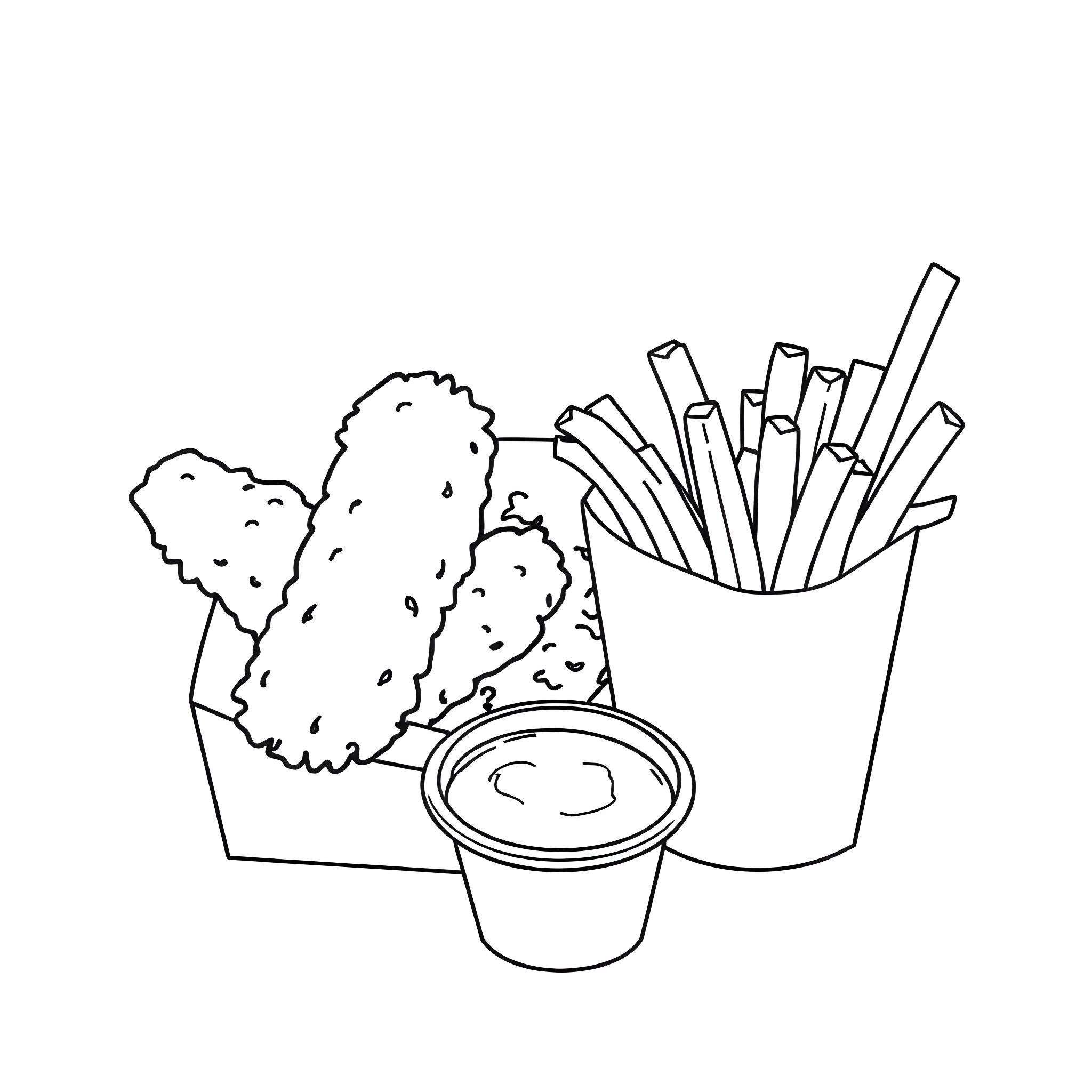 Box Combo of Fast Food Snacks Coloring Page (free black-and-white line drawing printable PDF for all, from beginners to advanced learners, including children, teens, adults, and seniors)