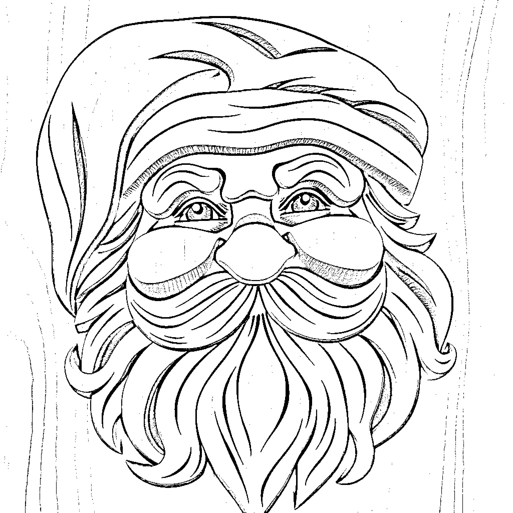 Santa's Festive Face: Jolly Expression and Flowing Beard Coloring Page (free black-and-white line drawing printable PDF for all, from beginners to advanced learners, including children, teens, adults, and seniors)