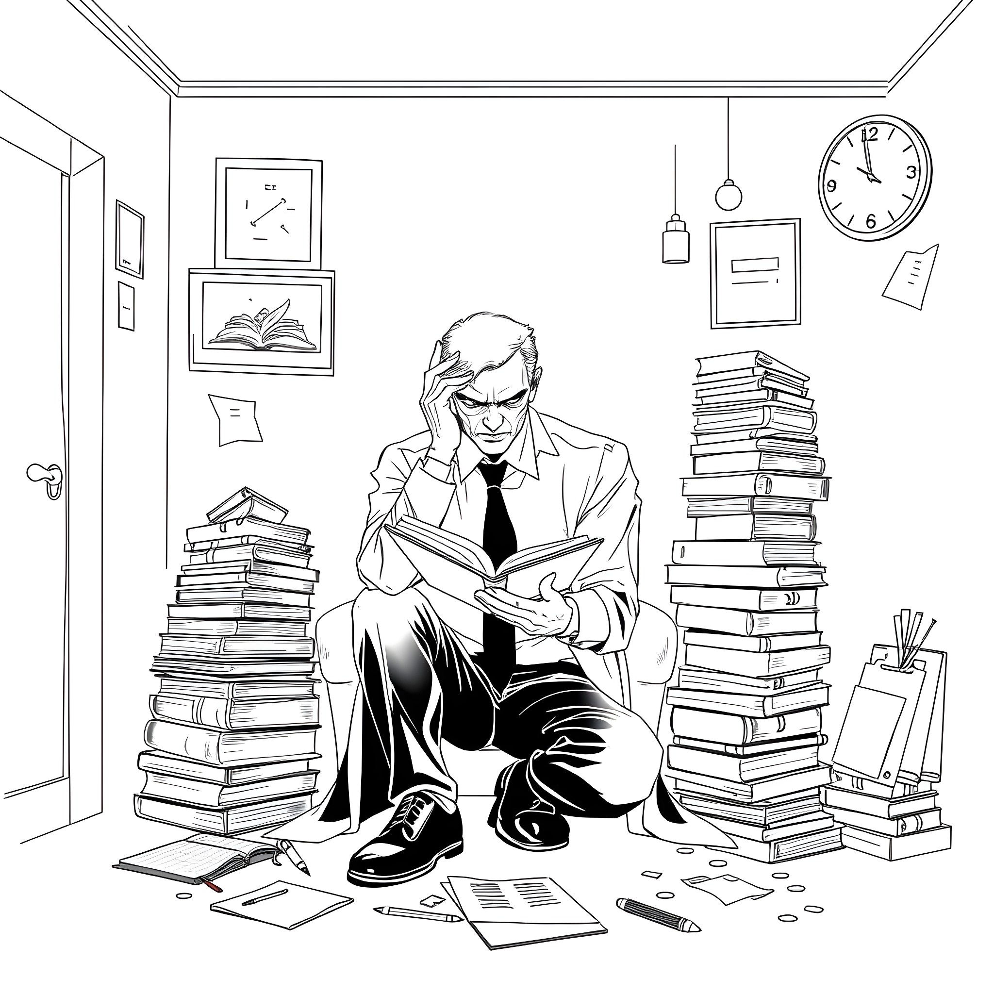Lonely Intellectual Engrossed in Reading Coloring Page (free black-and-white line drawing printable PDF for all, from beginners to advanced learners, including children, teens, adults, and seniors)