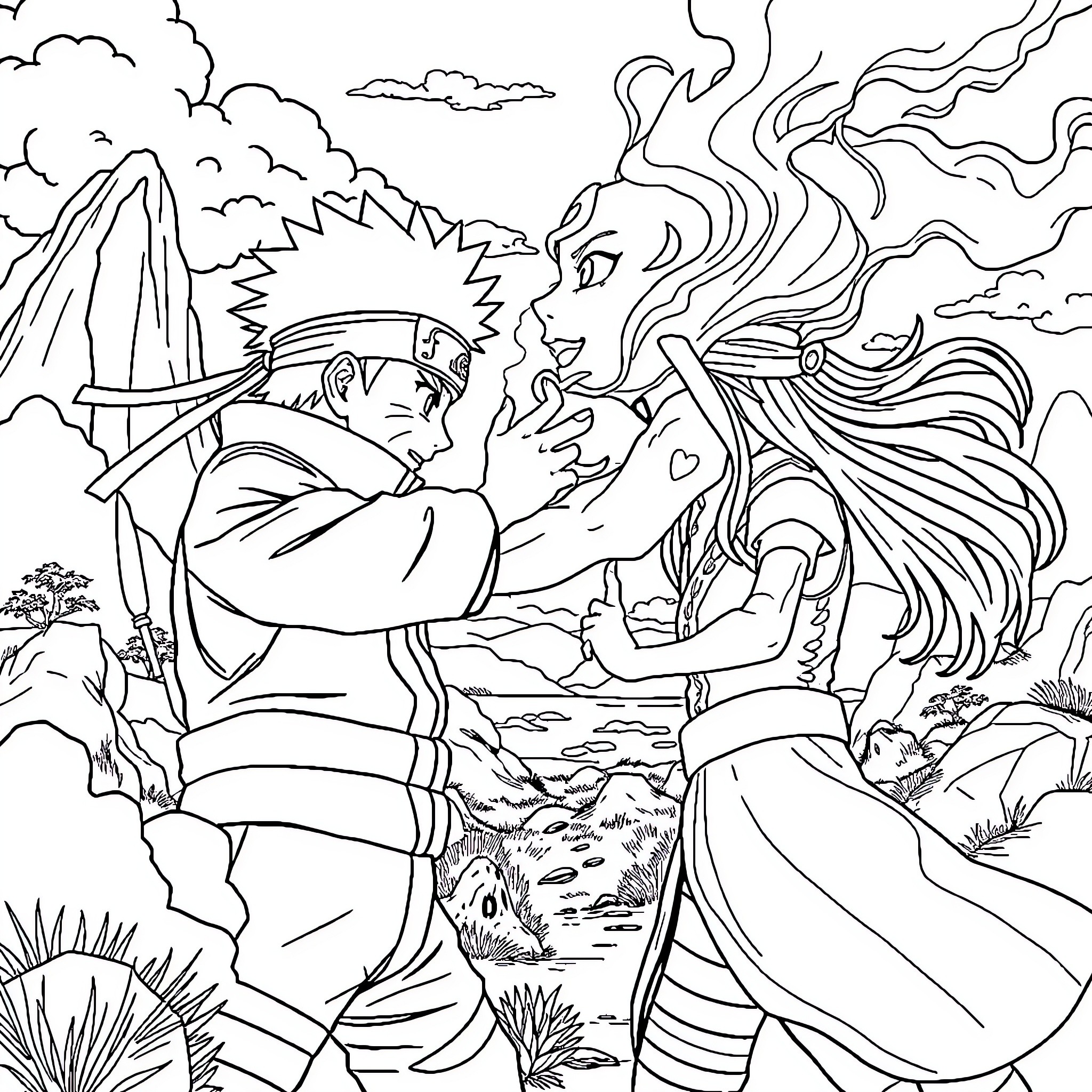 Naruto in an epic battle with a formidable opponent Coloring Page (free black-and-white line drawing printable PDF for all, from beginners to advanced learners, including children, teens, adults, and seniors)