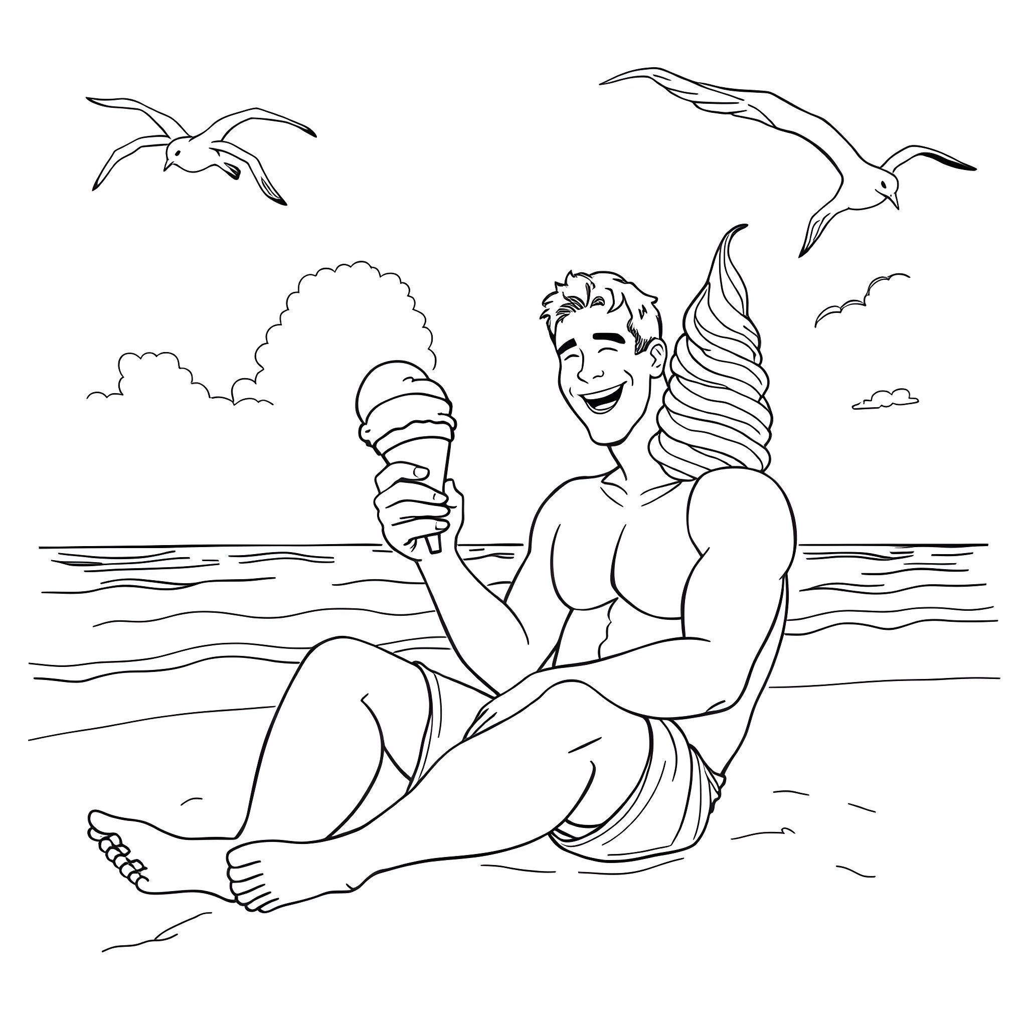 John Cena relaxing on the beach with ice cream Coloring Page (free black-and-white line drawing printable PDF for all, from beginners to advanced learners, including children, teens, adults, and seniors)