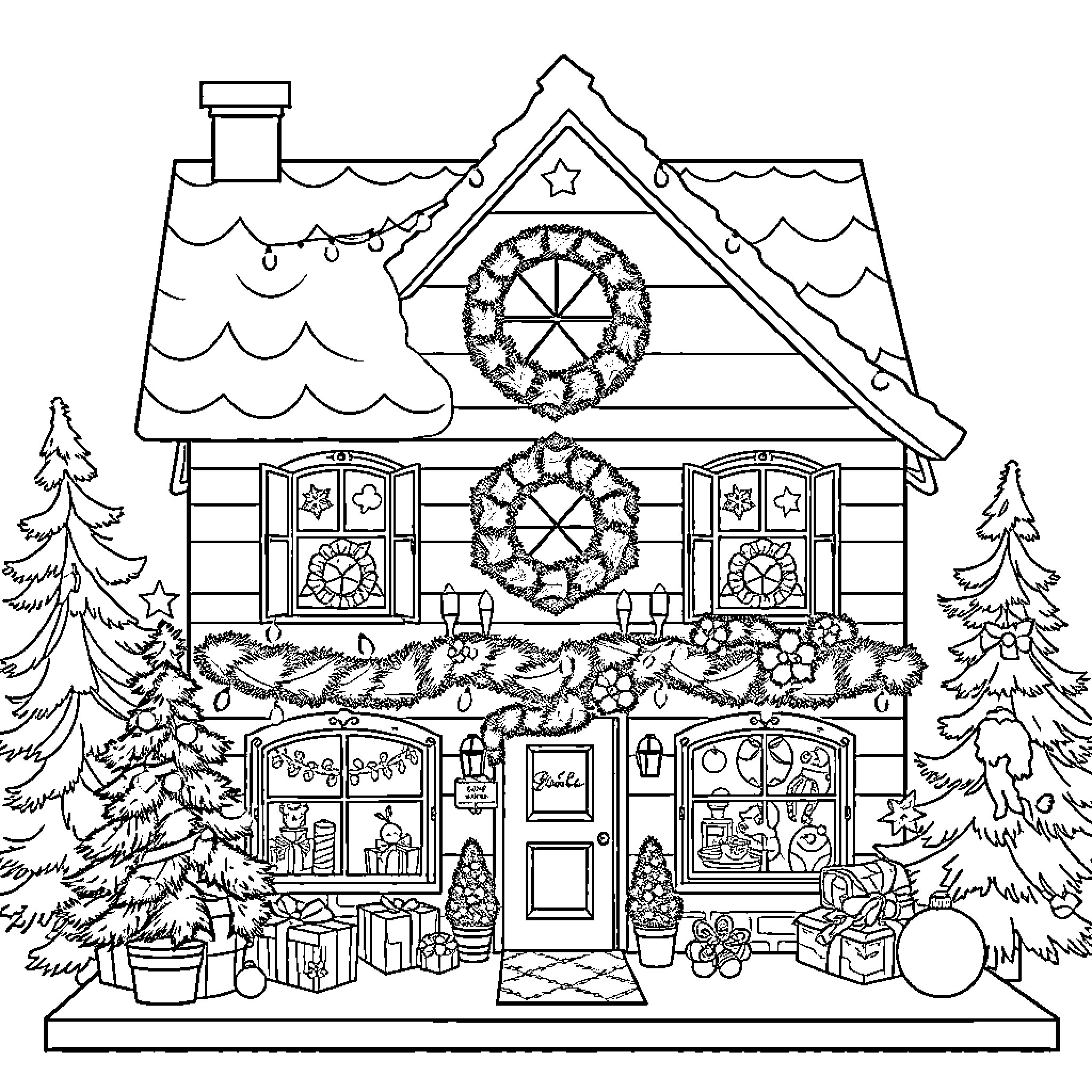 Gabby's Dollhouse - Festive Cottage with Holiday Decor Coloring Page (free black-and-white line drawing printable PDF for all, from beginners to advanced learners, including children, teens, adults, and seniors)