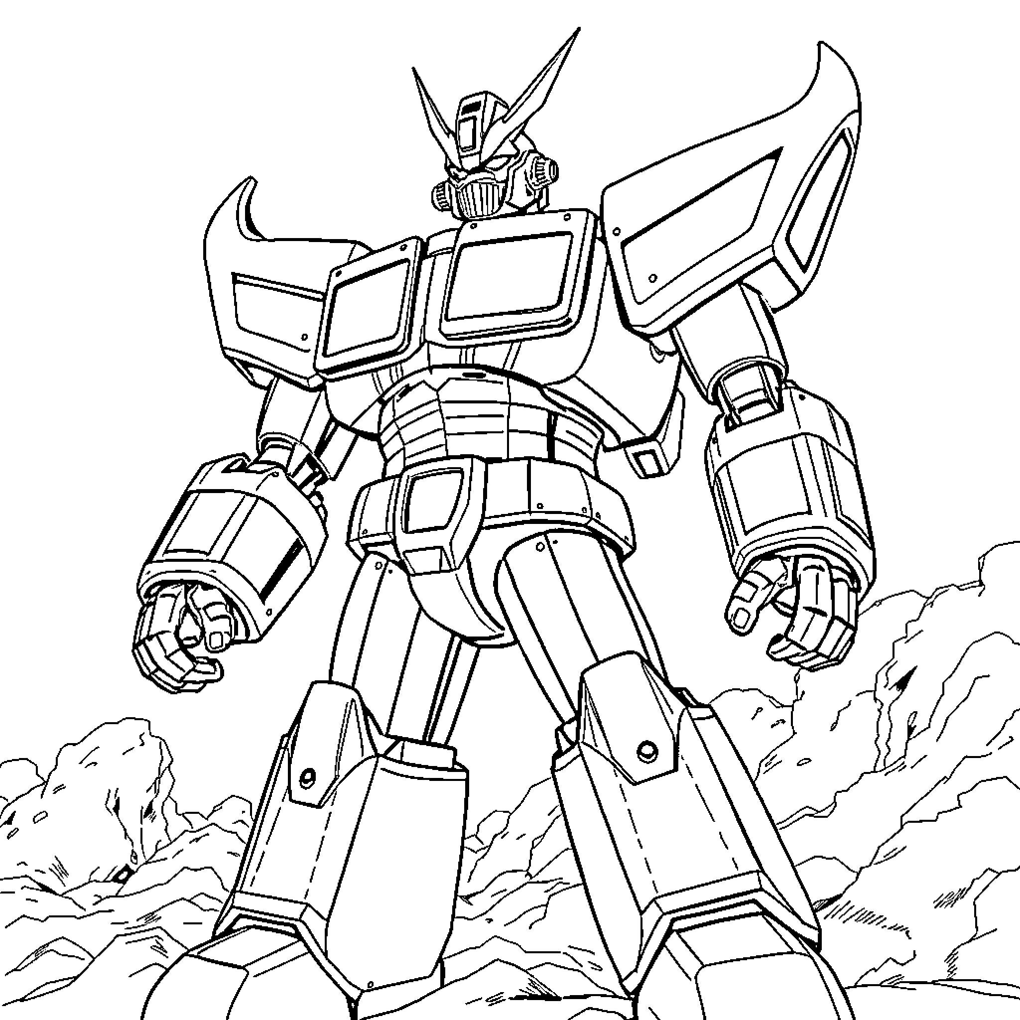 Mazinger Z heroic mecha in action Coloring Page (free black-and-white line drawing printable PDF for all, from beginners to advanced learners, including children, teens, adults, and seniors)
