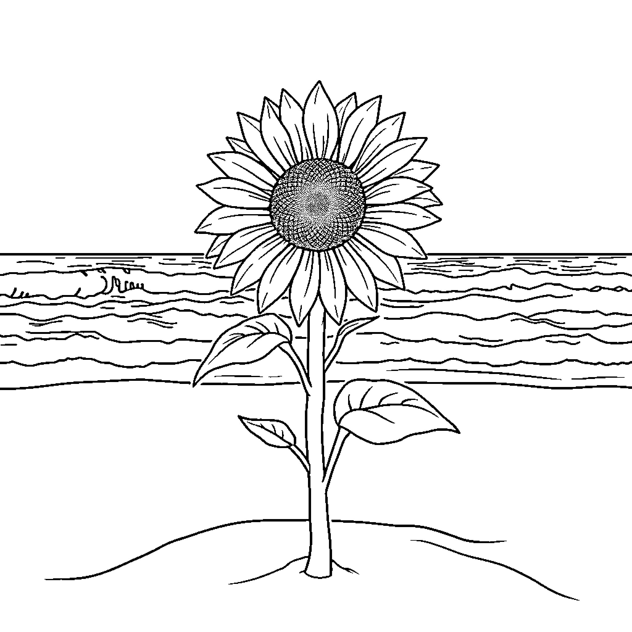 Sunflower blossoming against the horizon Coloring Page (free black-and-white line drawing printable PDF for all, from beginners to advanced learners, including children, teens, adults, and seniors)