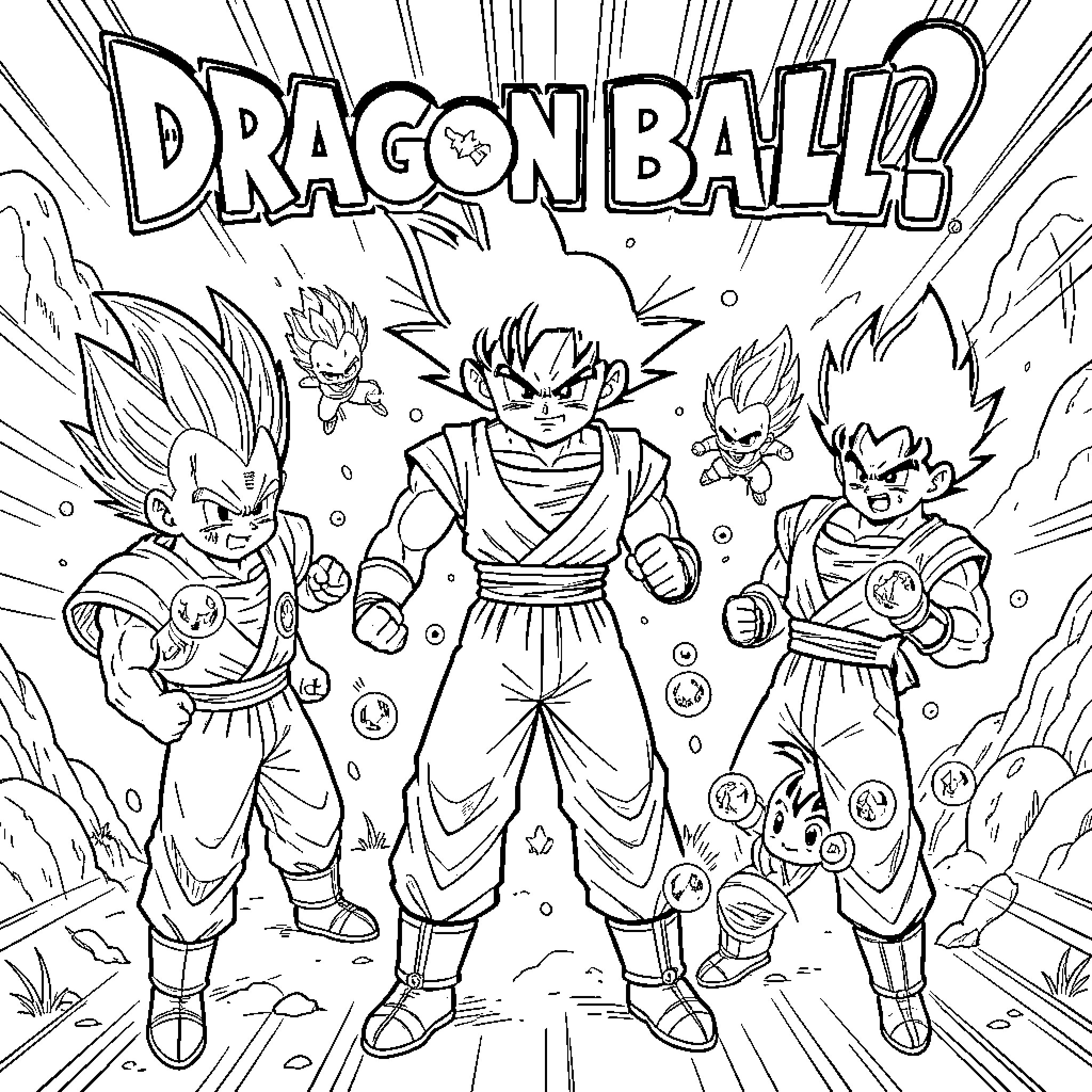 Dragon Ball characters posing heroically in an action scene Coloring Page (free black-and-white line drawing printable PDF for all, from beginners to advanced learners, including children, teens, adults, and seniors)