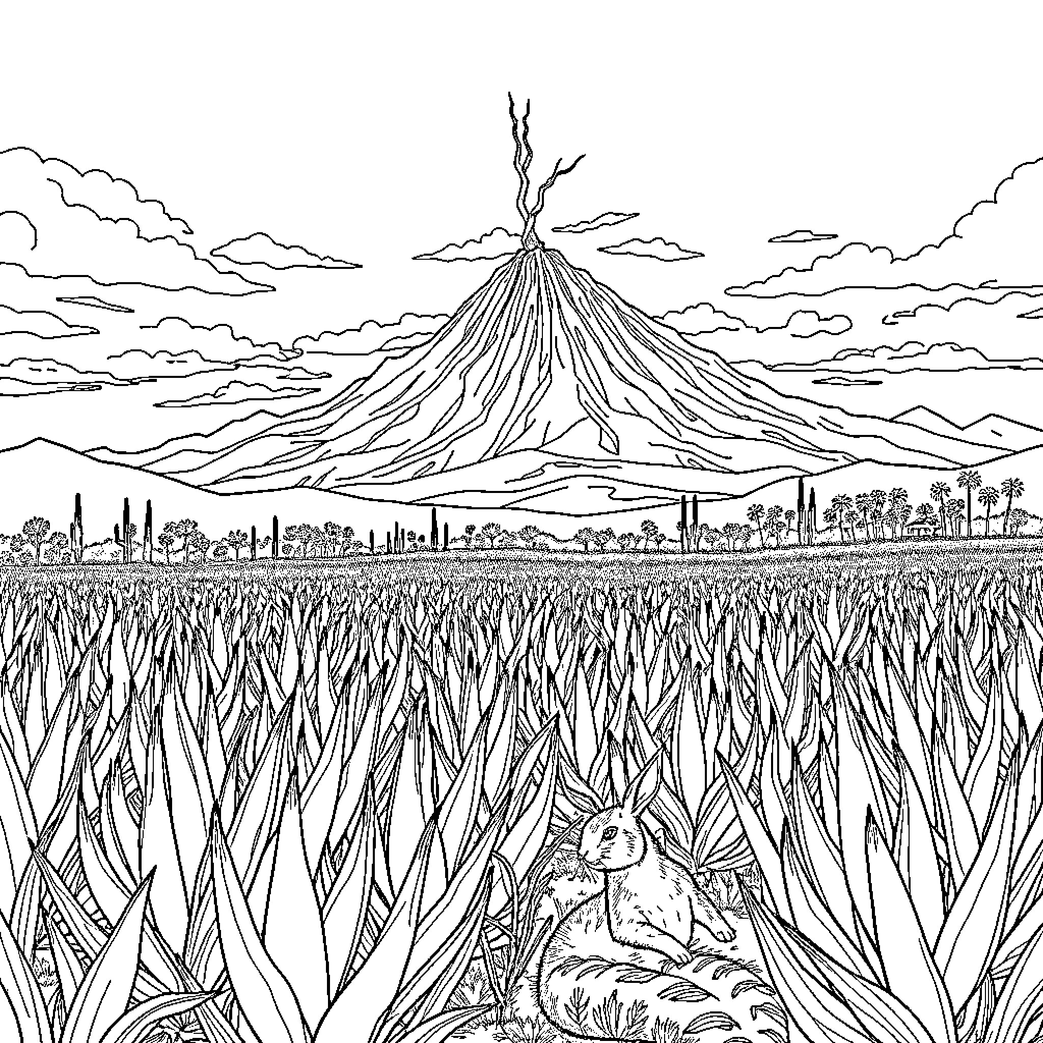 Agave erupting in a vast field under a towering volcanic landscape Coloring Page (free black-and-white line drawing printable PDF for all, from beginners to advanced learners, including children, teens, adults, and seniors)