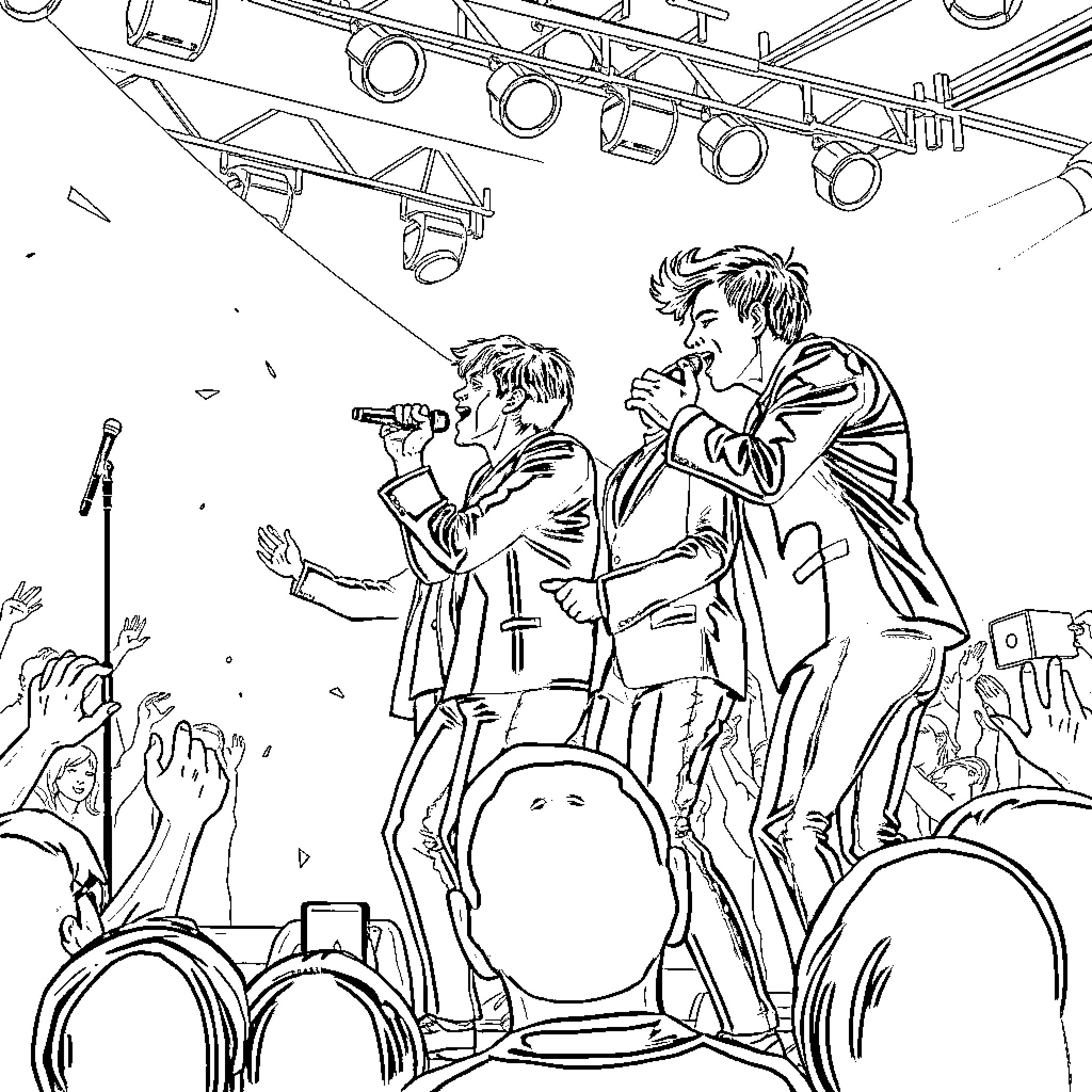 Nsync performing passionately on stage Coloring Page (free black-and-white line drawing printable PDF for all, from beginners to advanced learners, including children, teens, adults, and seniors)