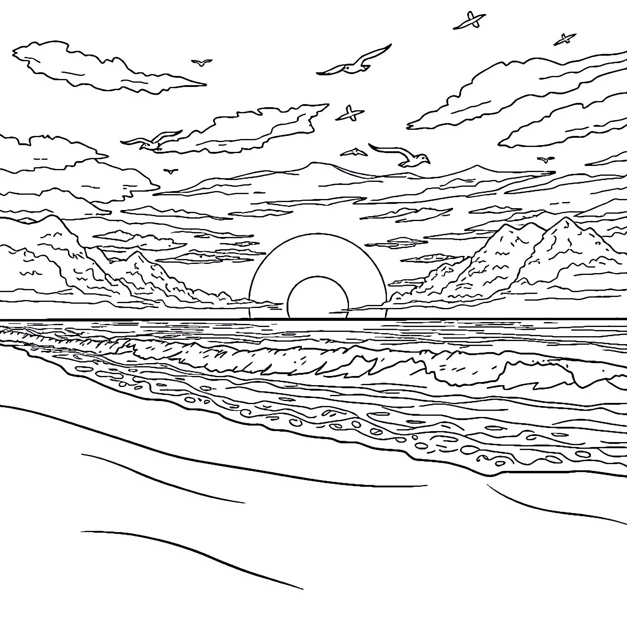 Beach scene with sunset and birds Coloring Page (free black-and-white line drawing printable PDF for all, from beginners to advanced learners, including children, teens, adults, and seniors)