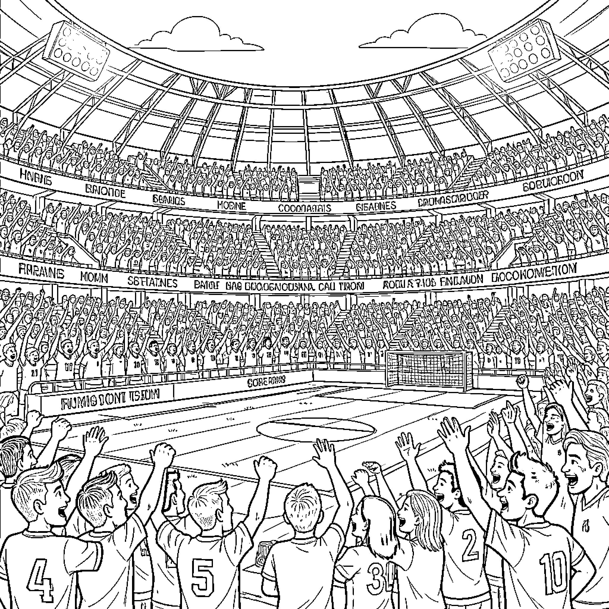 Bombonera stadium filled with cheering enthusiastic soccer fans Coloring Page (free black-and-white line drawing printable PDF for all, from beginners to advanced learners, including children, teens, adults, and seniors)