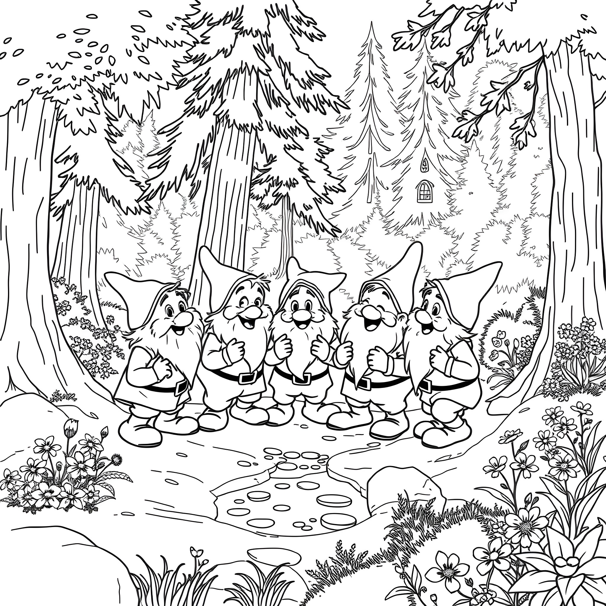 Dwarf creatures exploring the enchanted forest Coloring Page (free black-and-white line drawing printable PDF for all, from beginners to advanced learners, including children, teens, adults, and seniors)