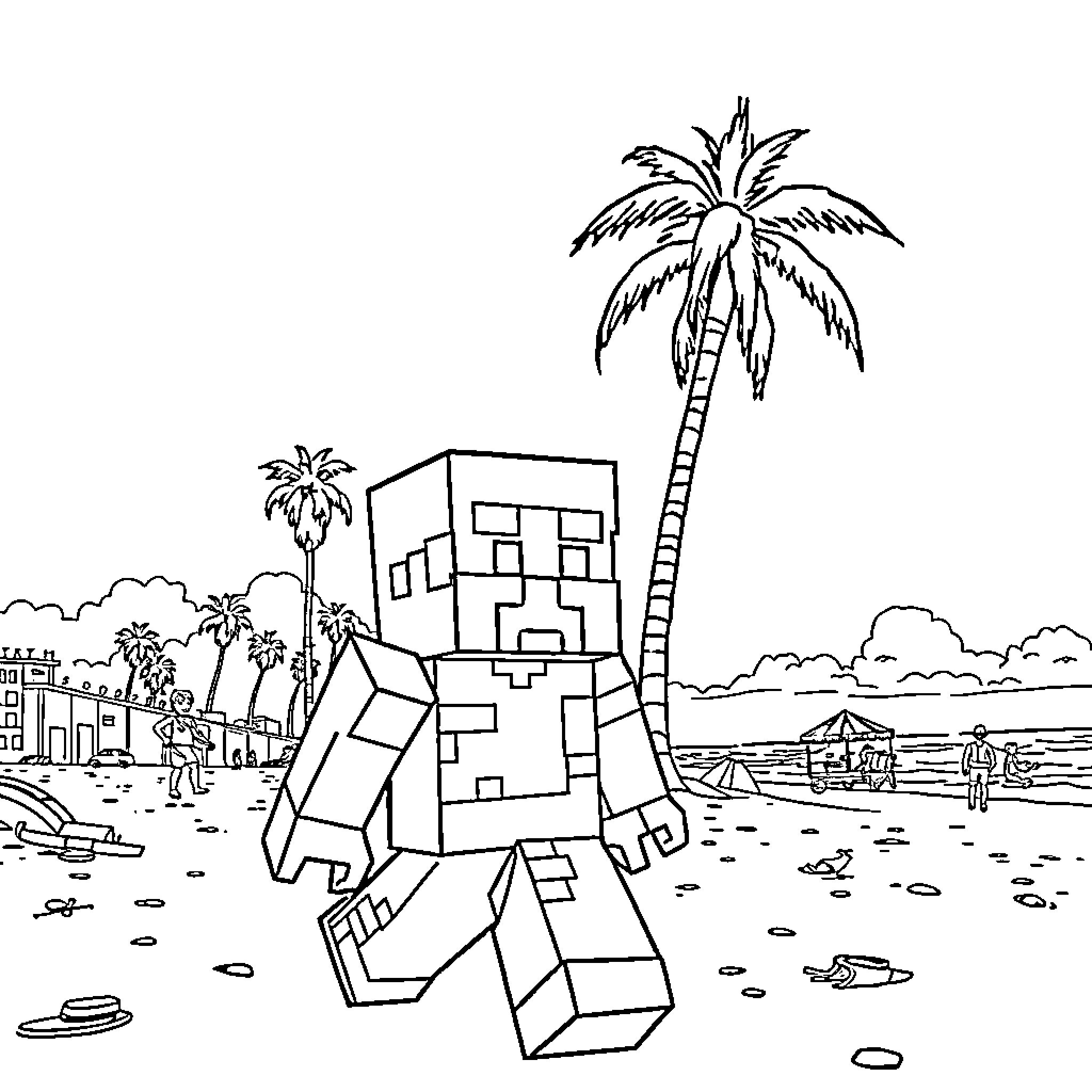 Minecraft Character Enjoying Beach Scene Coloring Page (free black-and-white line drawing printable PDF for all, from beginners to advanced learners, including children, teens, adults, and seniors)