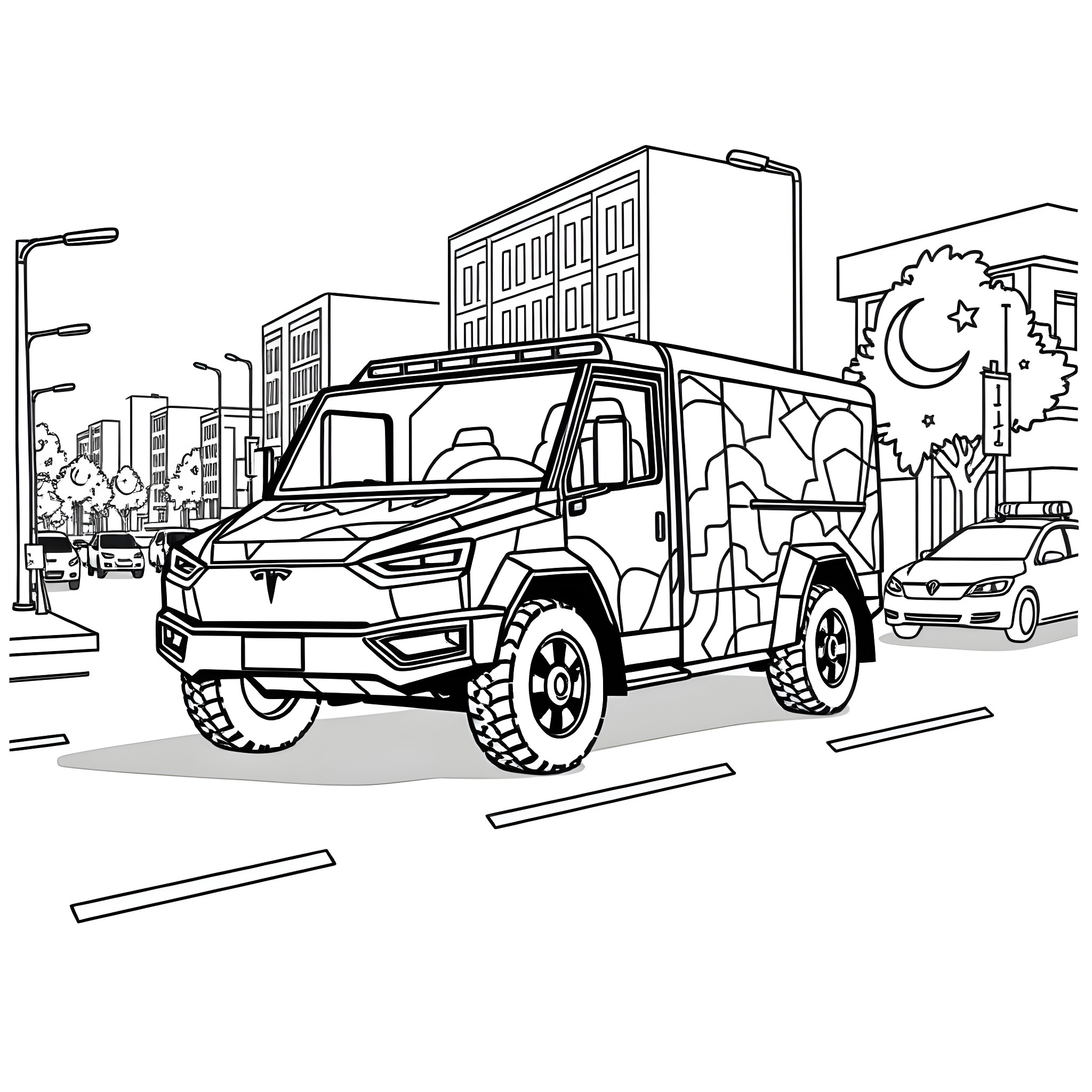 Tesla futuristic truck driving through the city Coloring Page (free black-and-white line drawing printable PDF for all, from beginners to advanced learners, including children, teens, adults, and seniors)