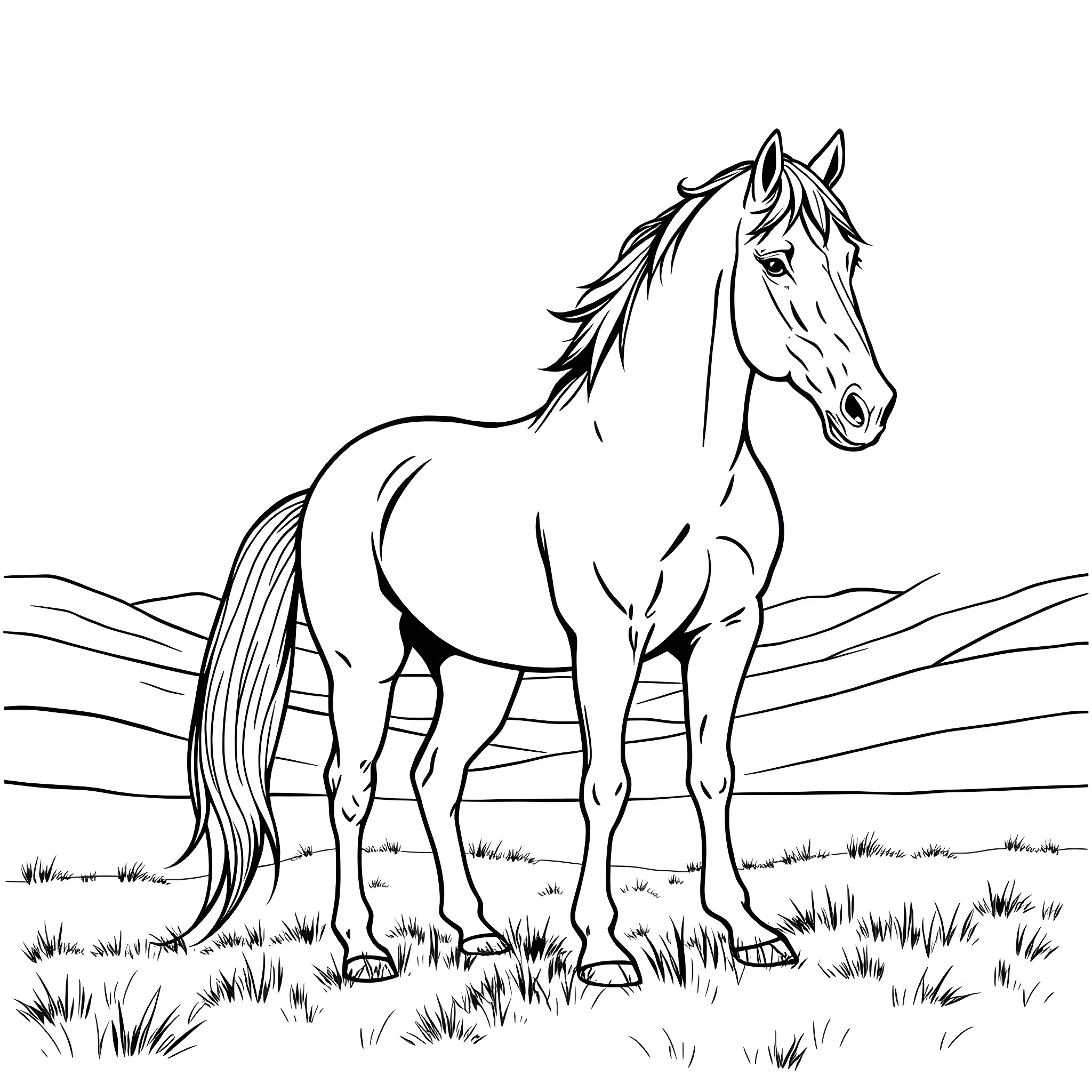 Horse Standing Proud in the Meadow Coloring Page (free black-and-white line drawing printable PDF for all, from beginners to advanced learners, including children, teens, adults, and seniors)