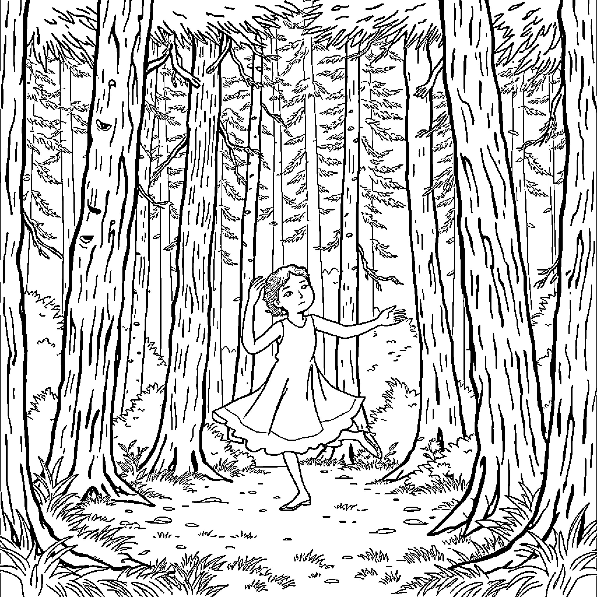 Friedrich Merz exploring the enchanted forest Coloring Page (free black-and-white line drawing printable PDF for all, from beginners to advanced learners, including children, teens, adults, and seniors)