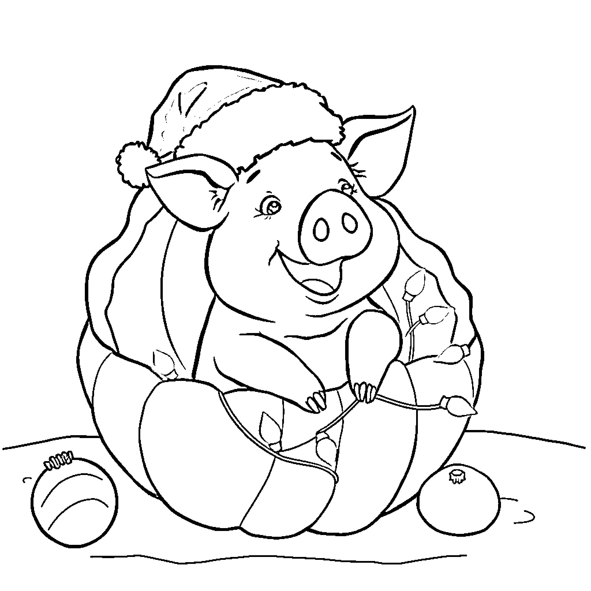 Pig in Santa hat playing with ornaments Coloring Page (free black-and-white line drawing printable PDF for all, from beginners to advanced learners, including children, teens, adults, and seniors)