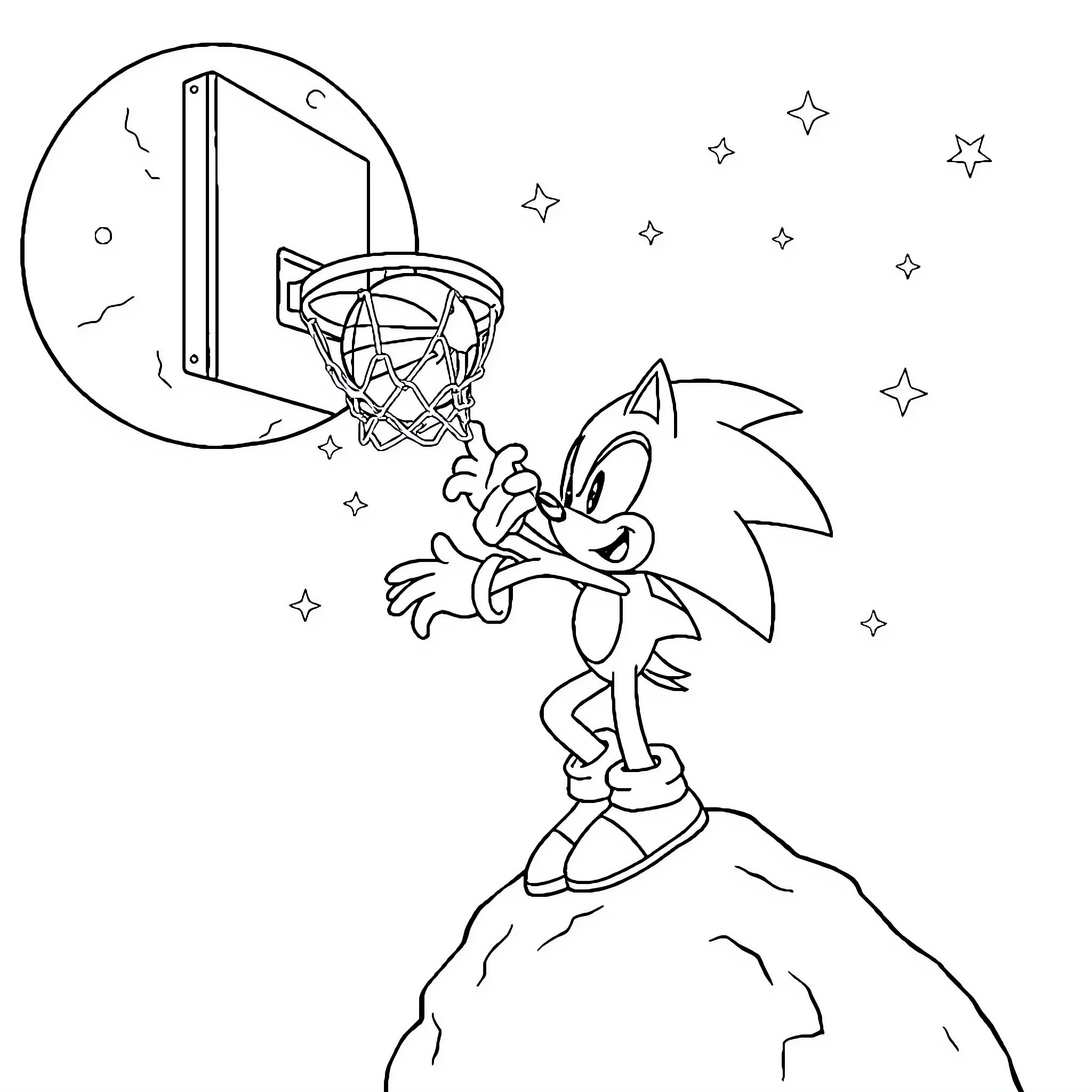 Sonic playing basketball under the starry night Coloring Page (free black-and-white line drawing printable PDF for all, from beginners to advanced learners, including children, teens, adults, and seniors)
