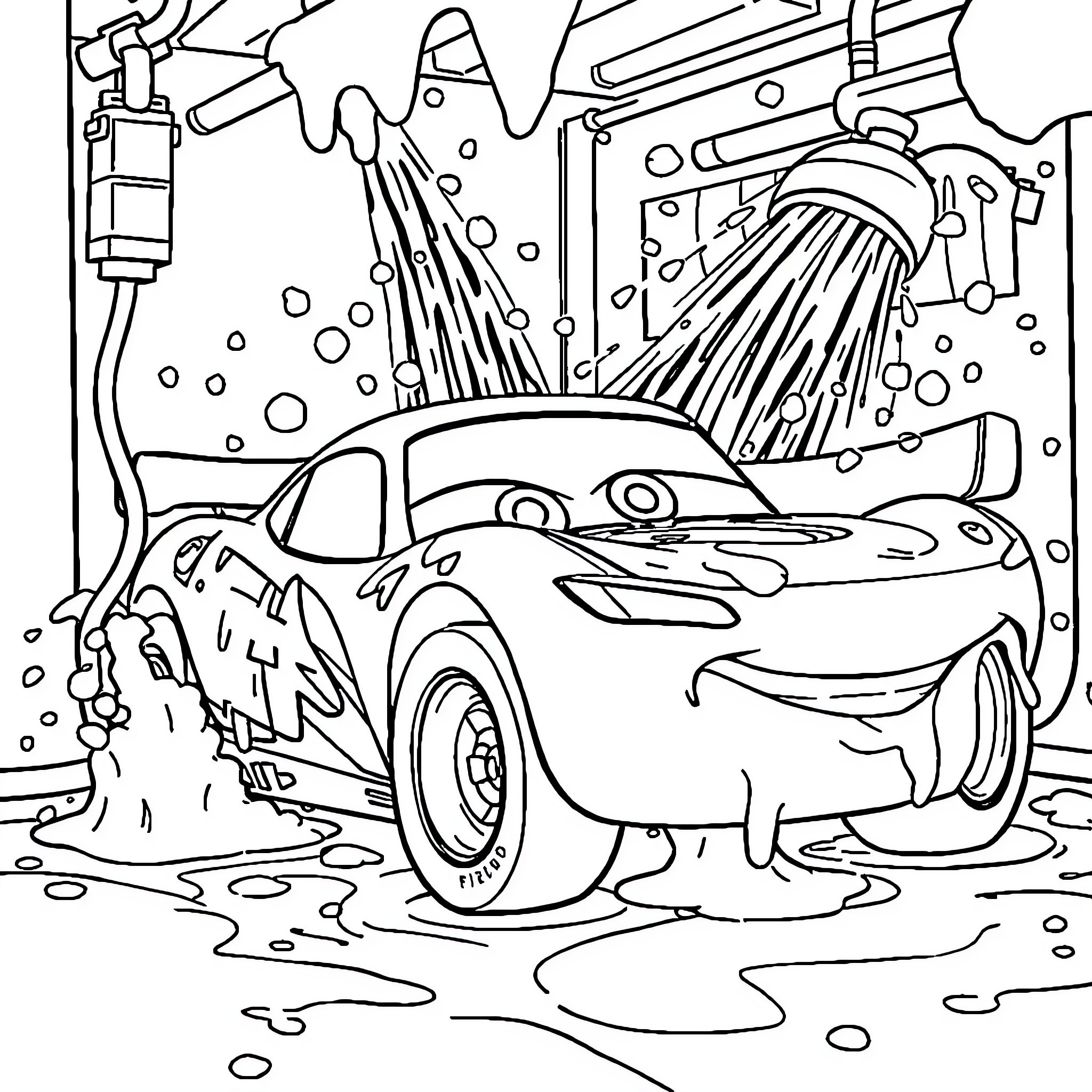 Lightning McQueen getting a thorough car wash Coloring Page (free black-and-white line drawing printable PDF for all, from beginners to advanced learners, including children, teens, adults, and seniors)