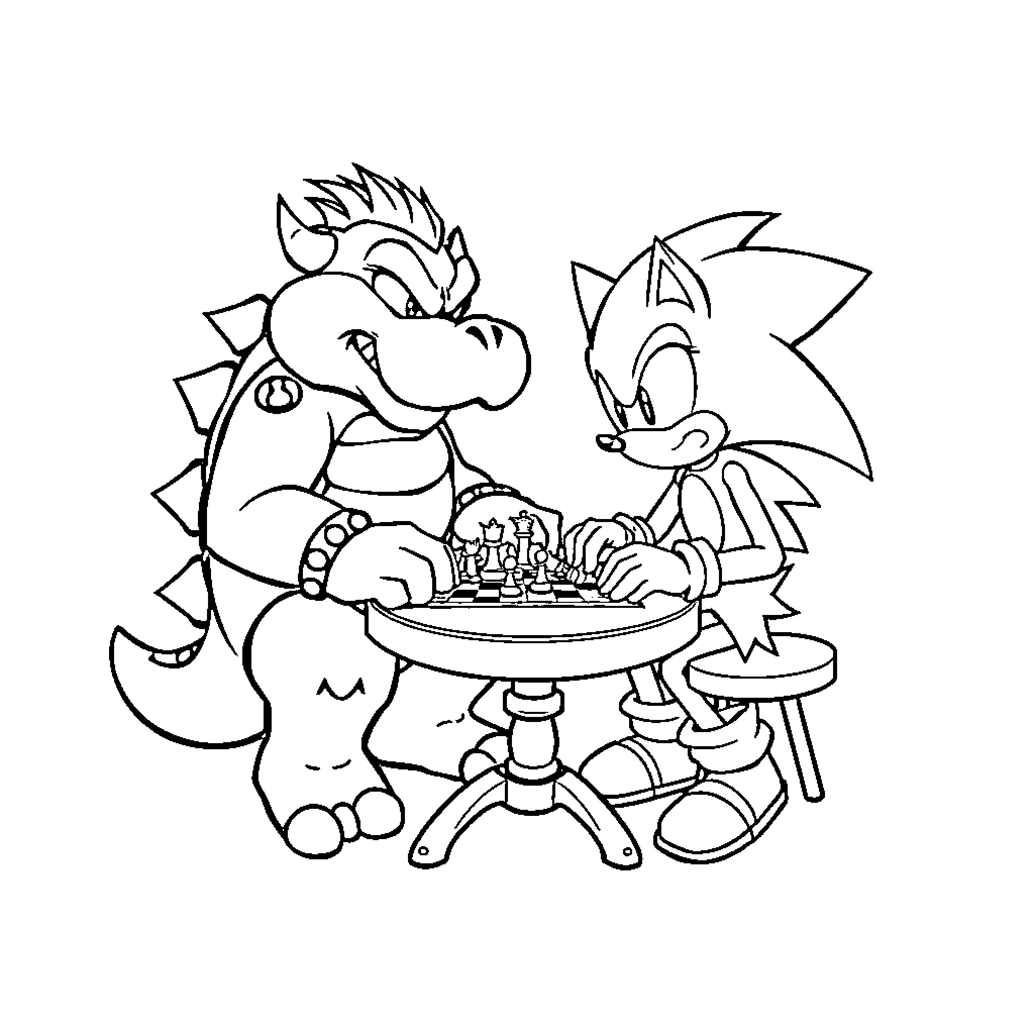 Bowser and Sonic playing chess together Coloring Page (free black-and-white line drawing printable PDF for all, from beginners to advanced learners, including children, teens, adults, and seniors)
