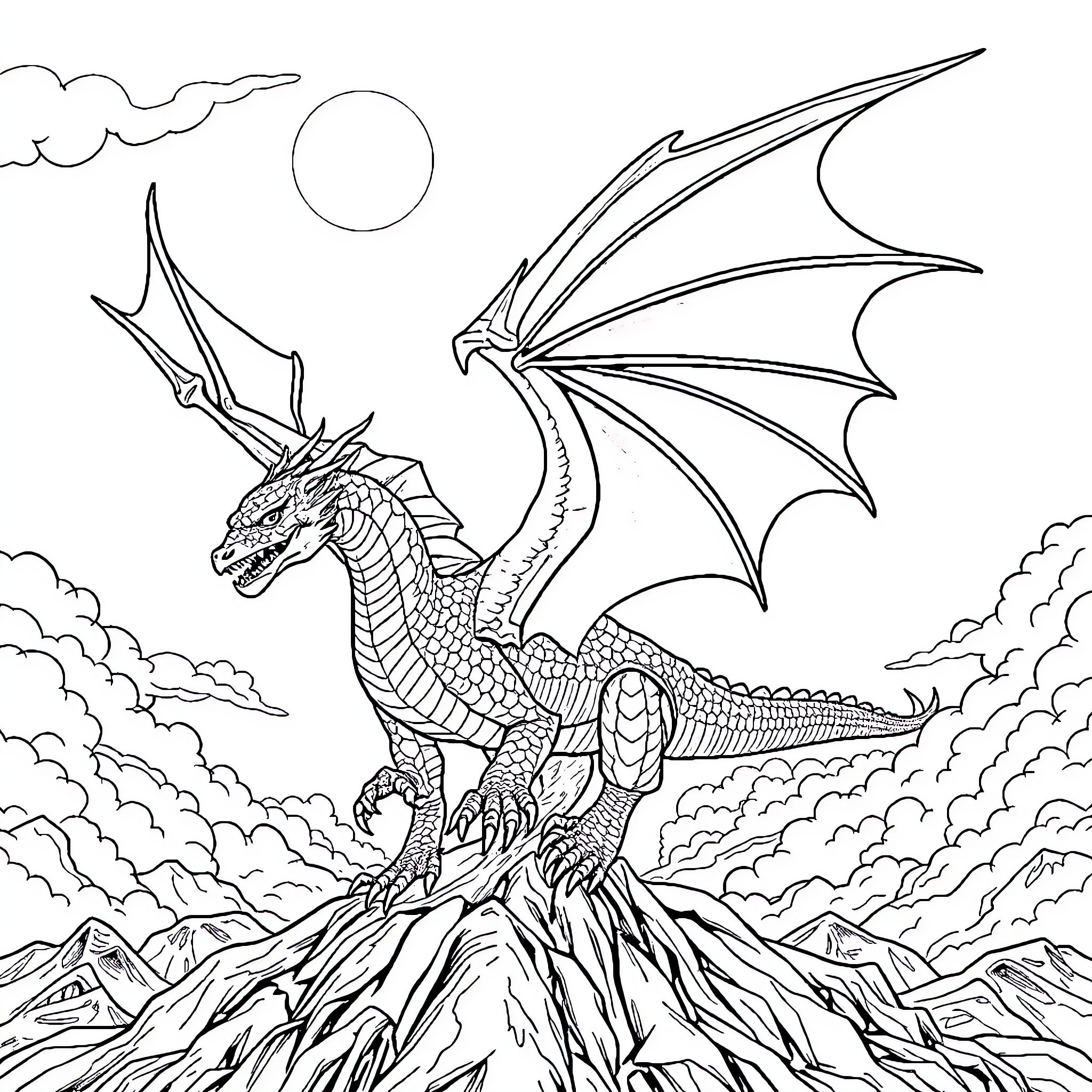 Dragon soaring over majestic mountain landscape Coloring Page (free black-and-white line drawing printable PDF for all, from beginners to advanced learners, including children, teens, adults, and seniors)