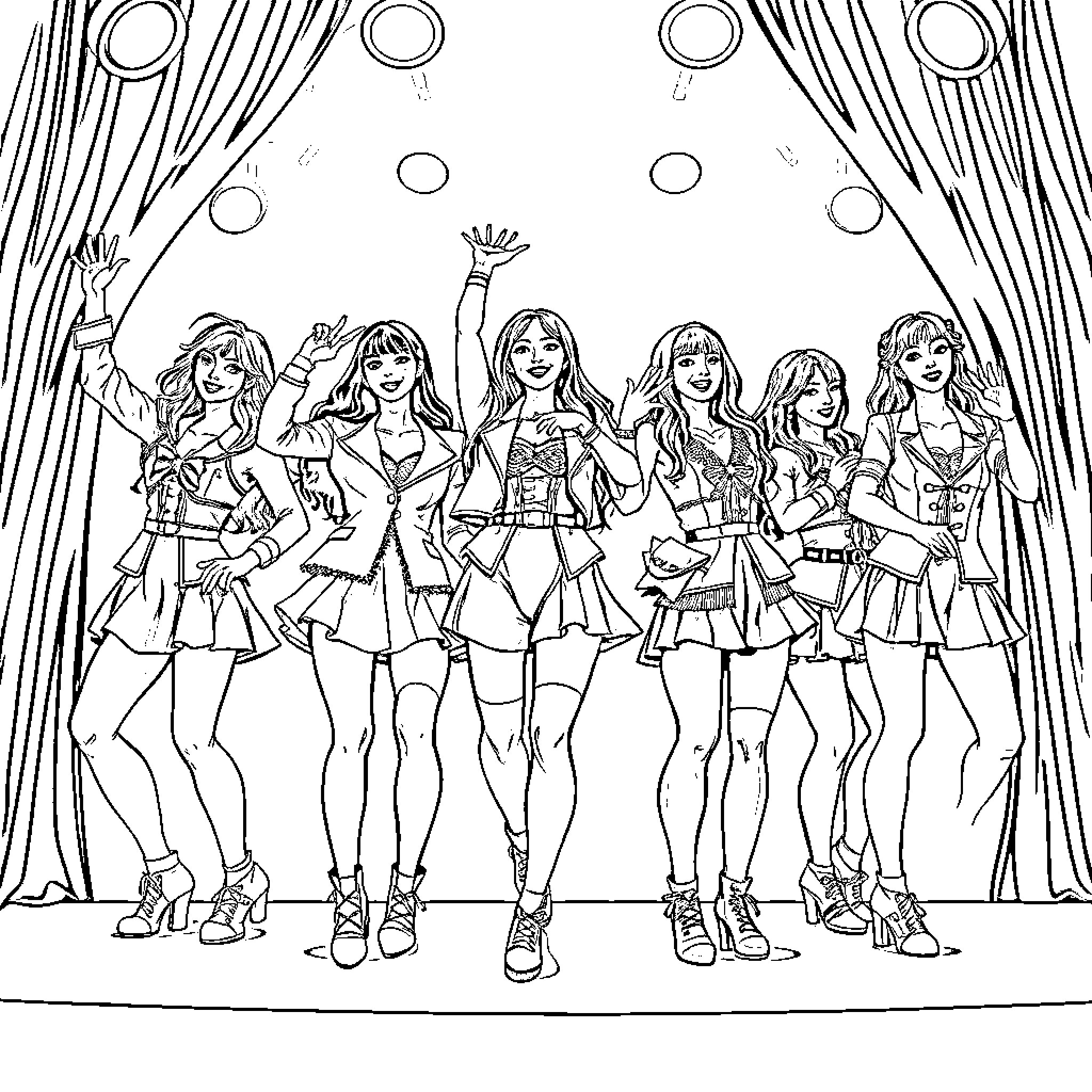 Kpop Warriors in Dazzling Outfits on Stage Coloring Page (free black-and-white line drawing printable PDF for all, from beginners to advanced learners, including children, teens, adults, and seniors)