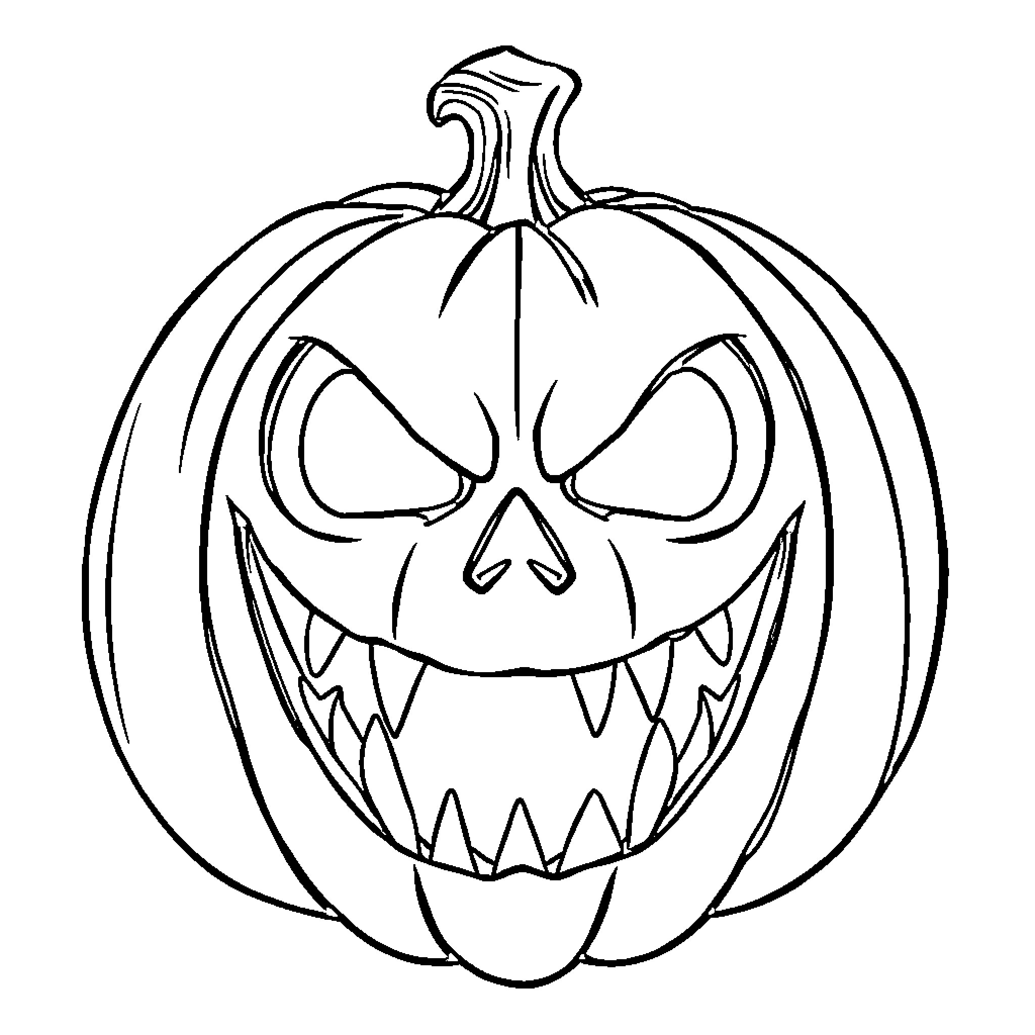 Pumpkin with a monstrous expression Coloring Page (free black-and-white line drawing printable PDF for all, from beginners to advanced learners, including children, teens, adults, and seniors)