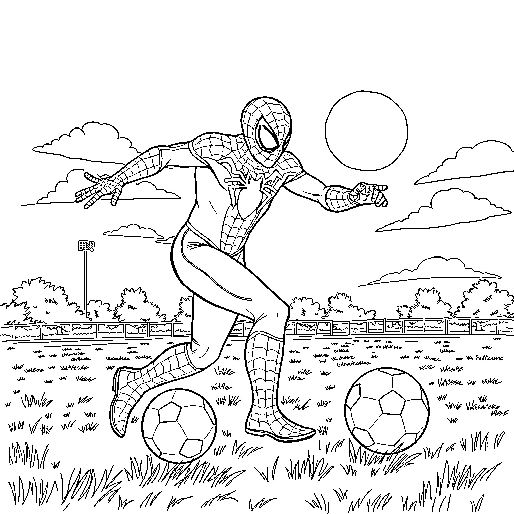 Spidey enjoying a soccer match in the park Coloring Page (free black-and-white line drawing printable PDF for all, from beginners to advanced learners, including children, teens, adults, and seniors)