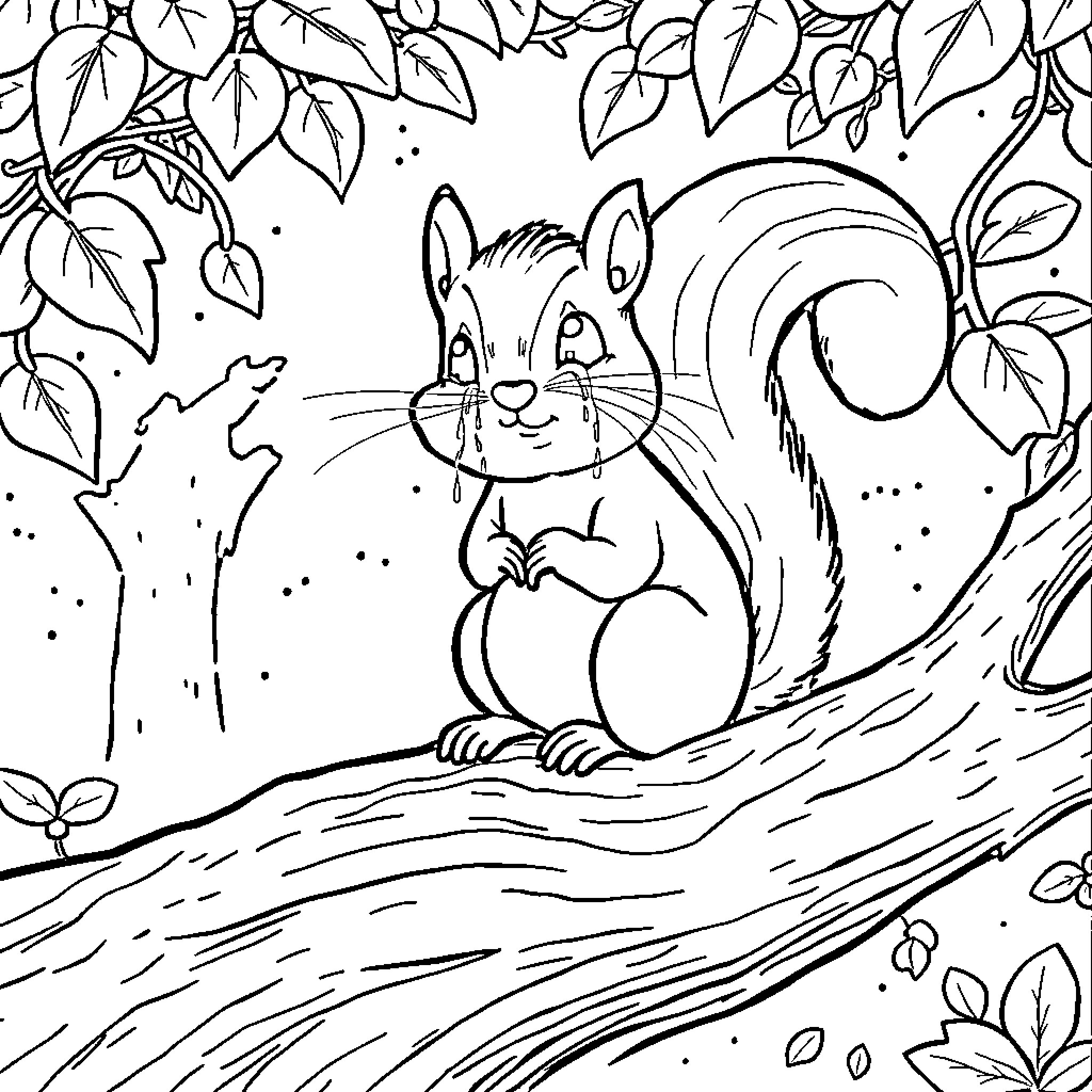 Squirrel relaxing on a tree branch Coloring Page (free black-and-white line drawing printable PDF for all, from beginners to advanced learners, including children, teens, adults, and seniors)