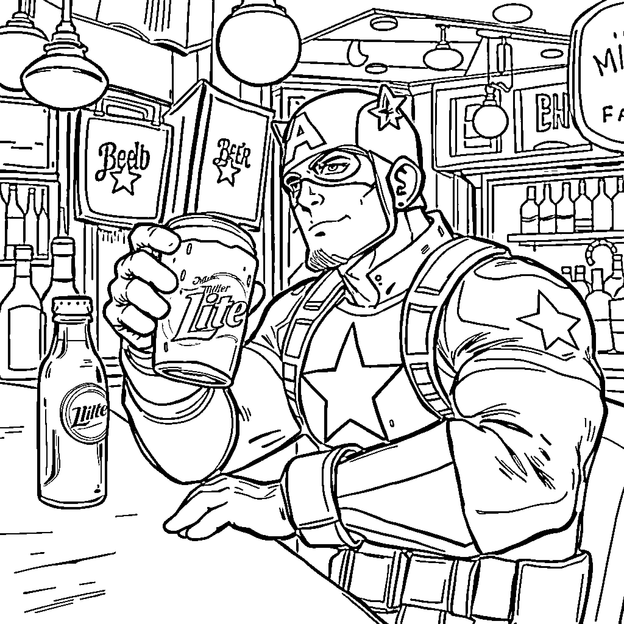 Captain America Purchasing Beer in Comic Book Shop Coloring Page (free black-and-white line drawing printable PDF for all, from beginners to advanced learners, including children, teens, adults, and seniors)