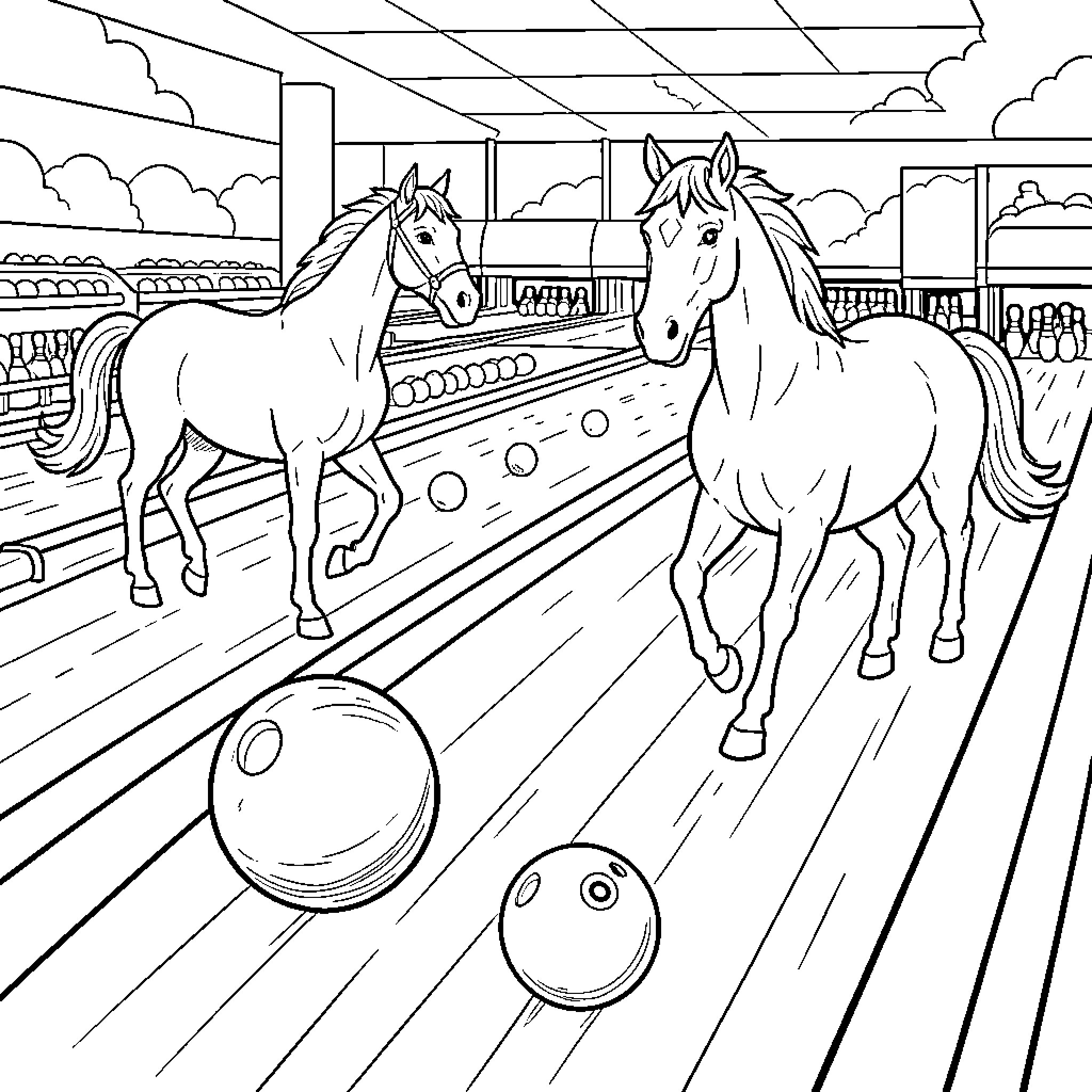 Horses racing on a bowling alley Coloring Page (free black-and-white line drawing printable PDF for all, from beginners to advanced learners, including children, teens, adults, and seniors)